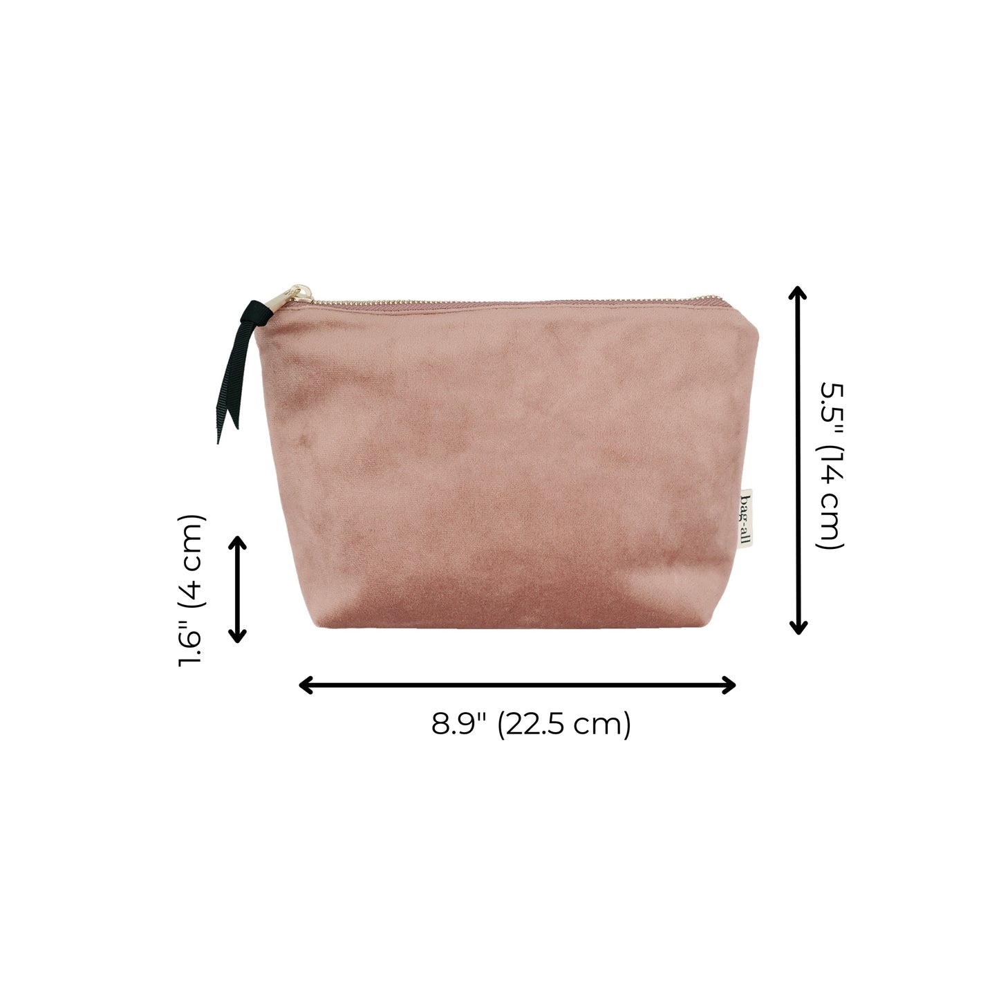Bag-all My Makeup Pouch in pink velvet with waterproof coated lining, featuring gold zipper and black bow detail. Measures 8.9 x 5.5 inches, perfect for organizing beauty essentials.