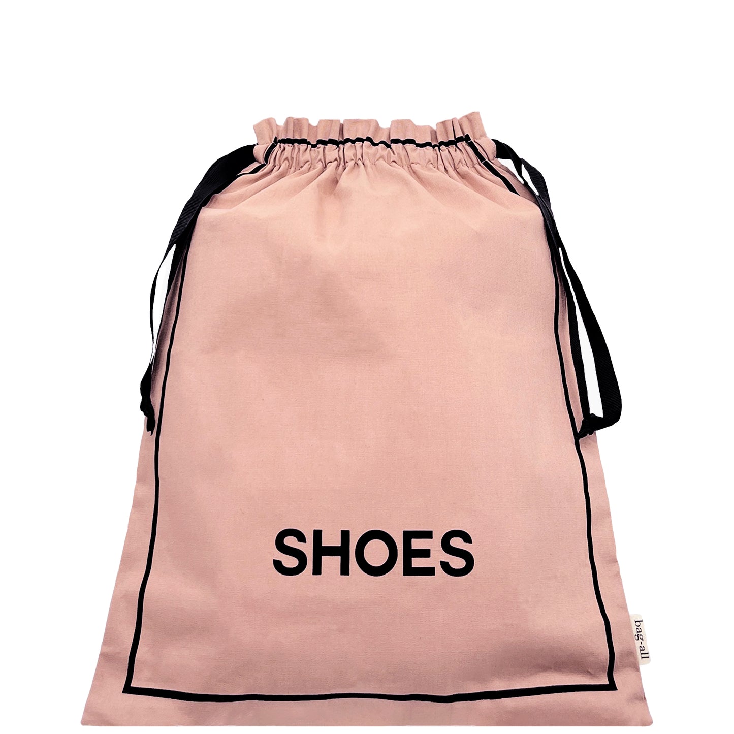 Bag-all Couture Shoe Travel Bag in blush pink with black drawstring closure and text, perfect for organizing and protecting footwear while traveling