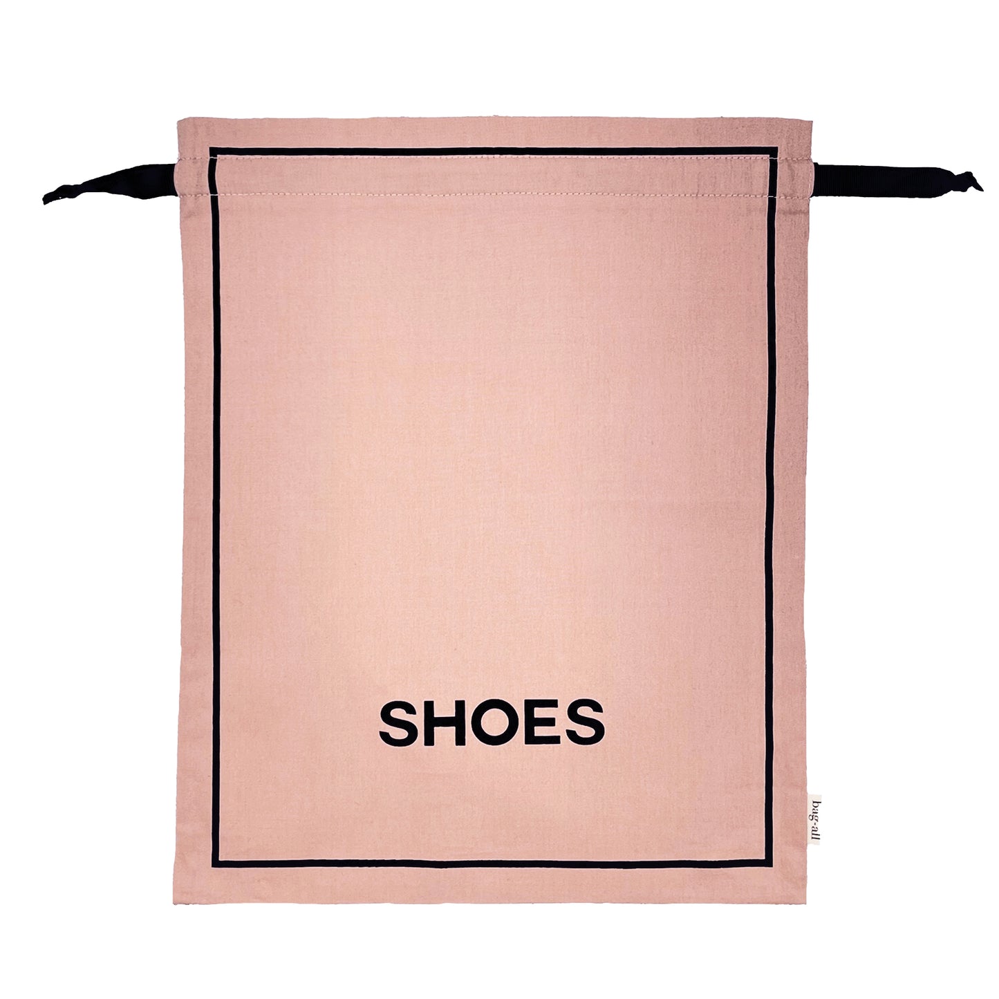 Bag-all Couture Shoe Travel Bag in pink blush featuring black border trim and SHOES text, drawstring closure for elegant footwear organization