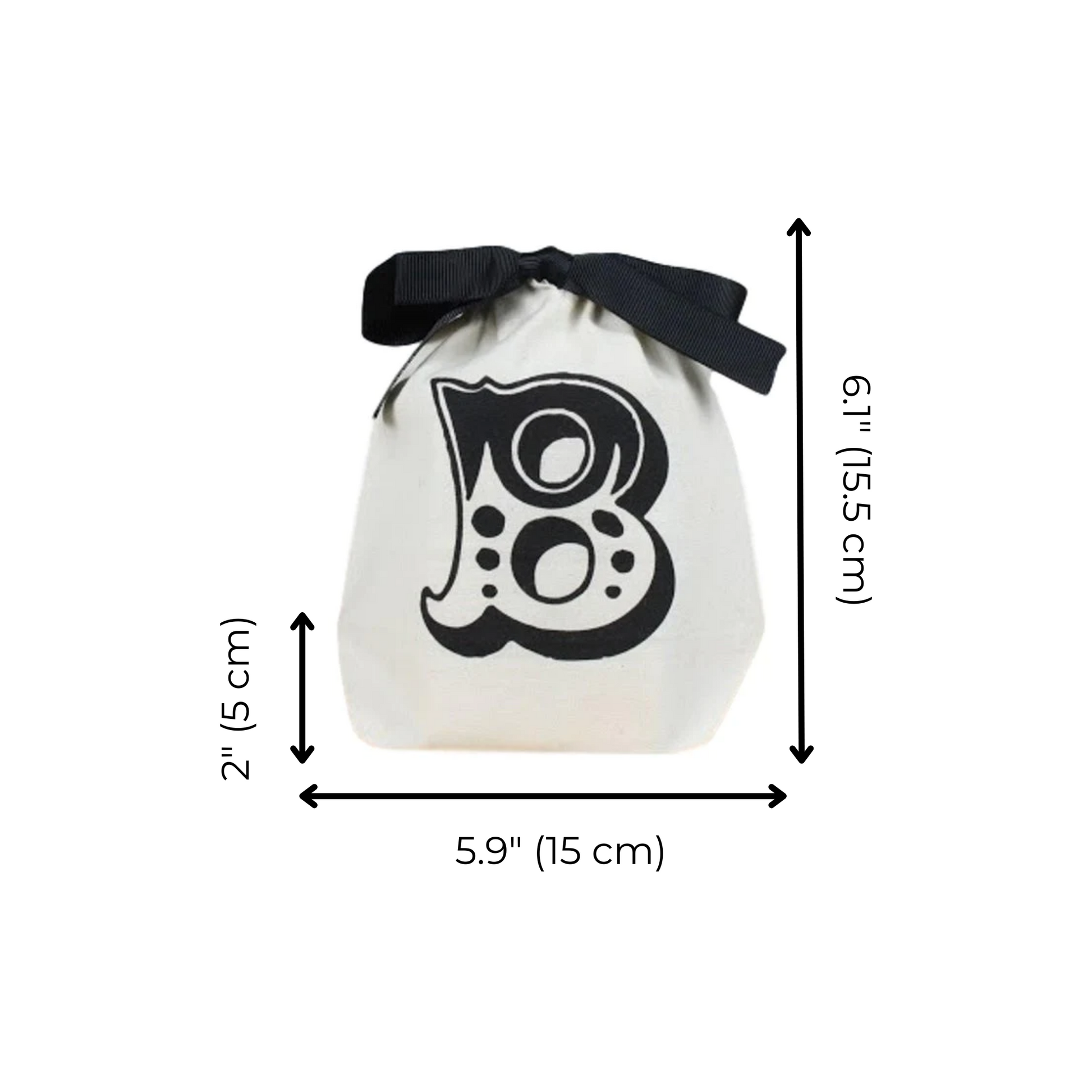 Bag-all Small Letter Bags Mix in cream, featuring stylized letter B design with black ribbon, measuring 15x15cm. Perfect organizer bag for small items and travel essentials.