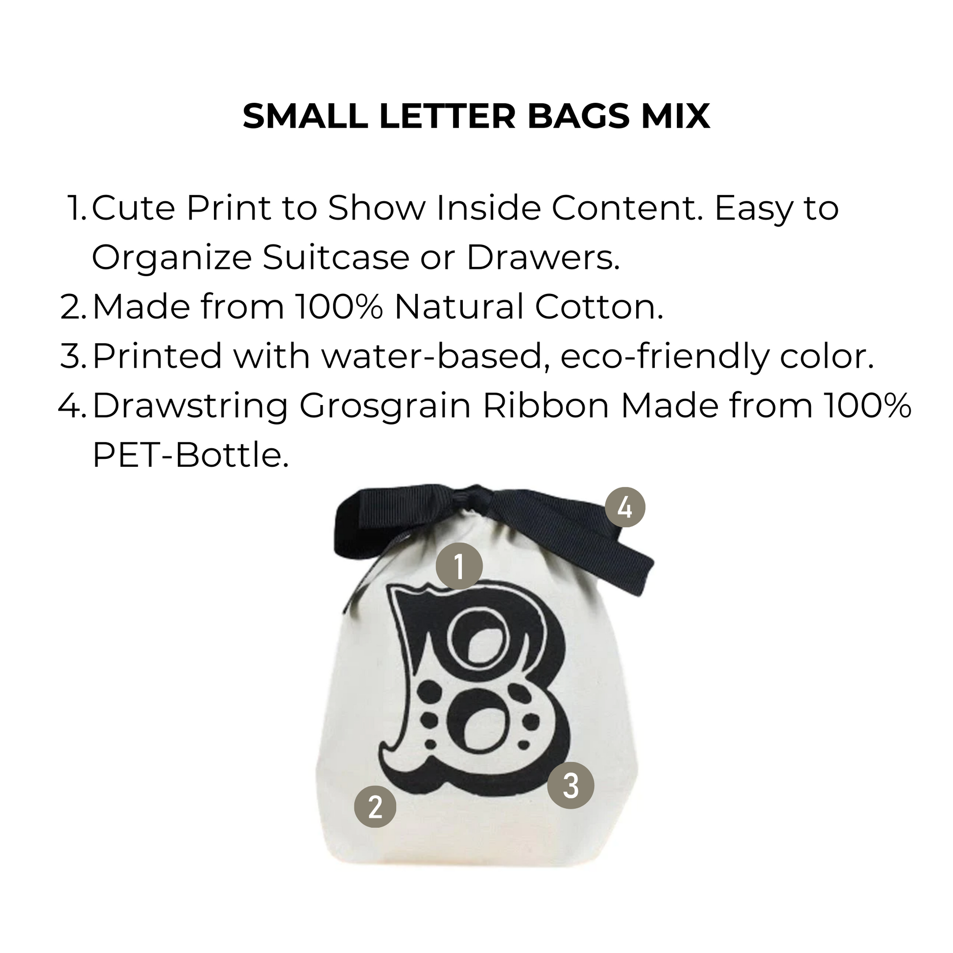 Bag-all Small Letter Bags Mix in cream cotton with black letter B print, eco-friendly drawstring organizer for travel and storage, featuring recycled ribbon closure