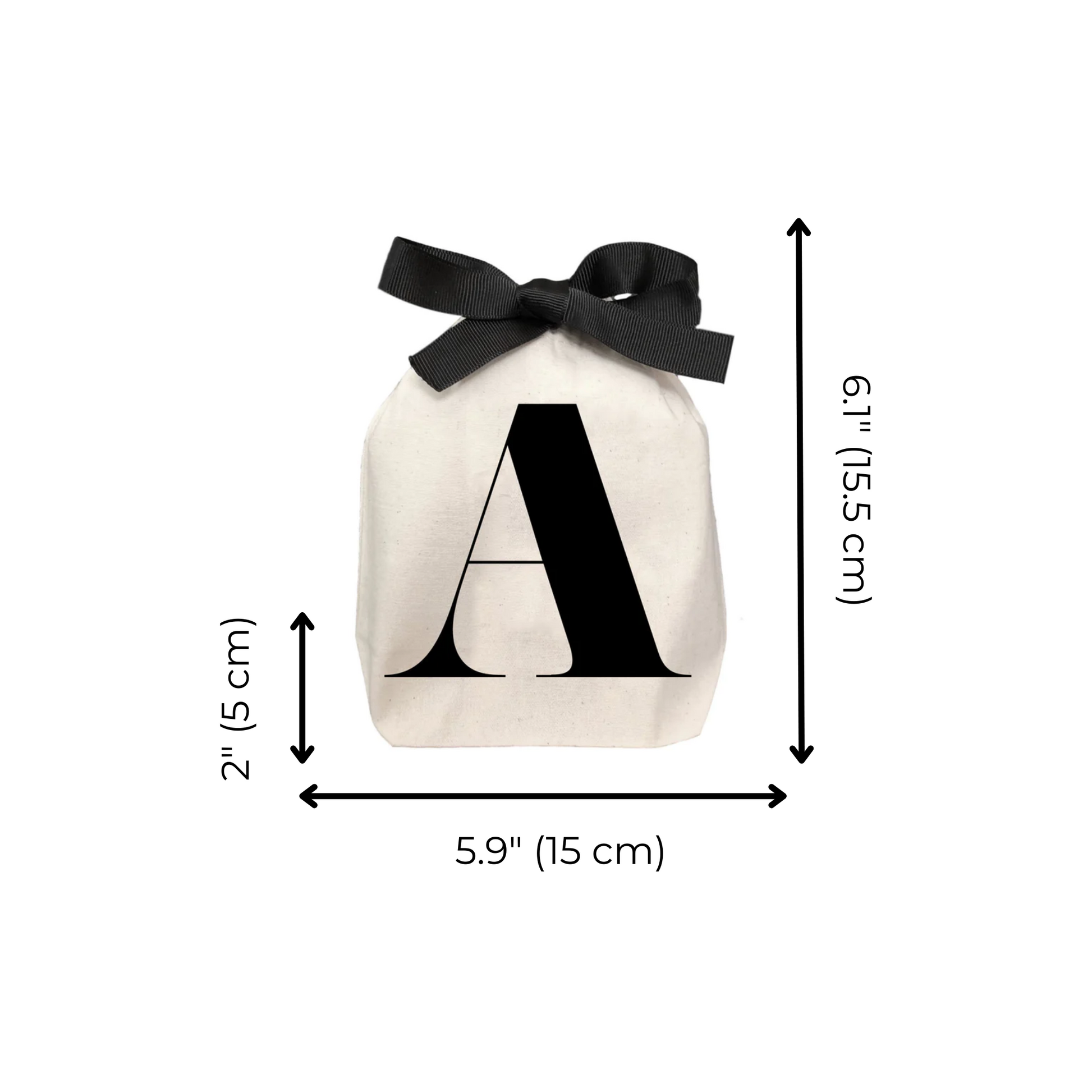 Bag-all Small Letter Bags Classic in cream cotton with black 'A' monogram and bow, perfect for organizing small items. 6x6 inches organizing pouch with elegant design.