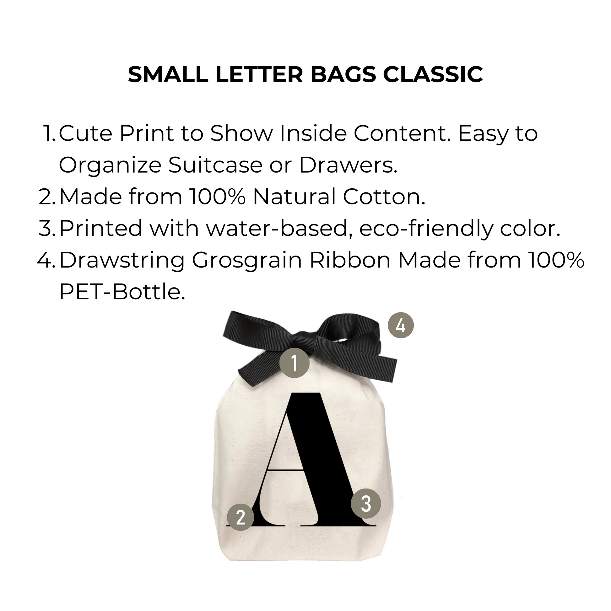 Bag-all Small Letter Bags Classic in cream cotton with black 'A' print, eco-friendly drawstring organizer for makeup, accessories, and travel essentials