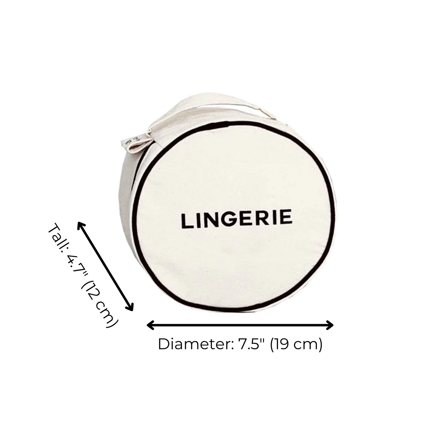 Bag-all Round Lingerie Case in cream color with black text, featuring dual zipper pulls and measuring 7.5 inches in diameter, perfect for organized travel storage
