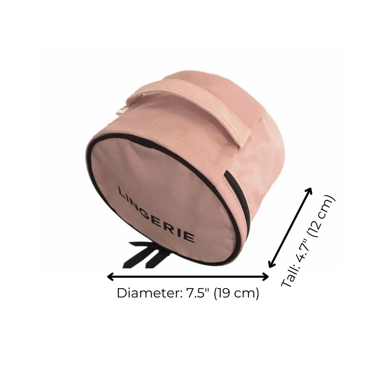 Bag-all Round Lingerie Case in blush pink cotton with black trim, metal zipper, and custom lining. Circular travel organizer measuring 7.5" diameter x 4.7" height. Perfect for delicate garments.