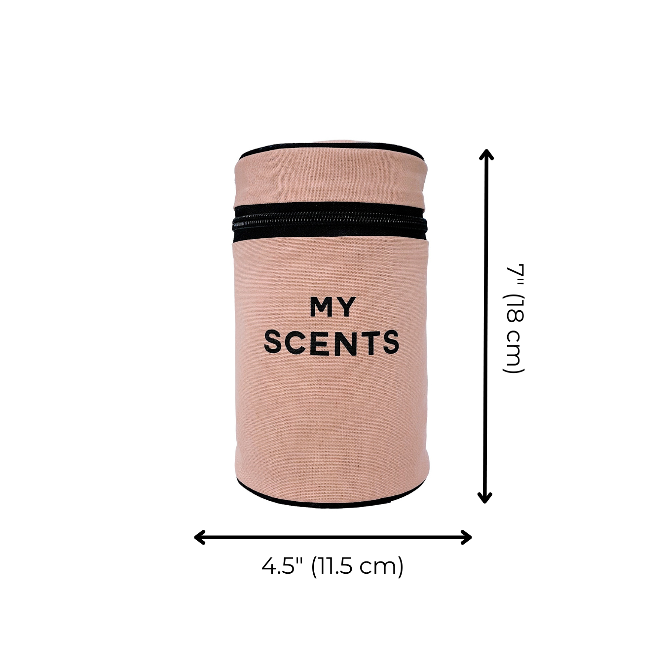 Bag-all Round My Scents Case in pink/blush, cylindrical organizer with black zipper trim, measuring 7 inches tall. Stylish perfume storage solution with MY SCENTS text print.