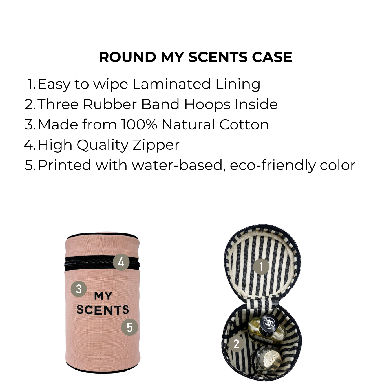 Bag-all Round My Scents Case in Pink/Blush with striped interior, eco-friendly cotton construction, laminated lining, and rubber bands for secure perfume storage