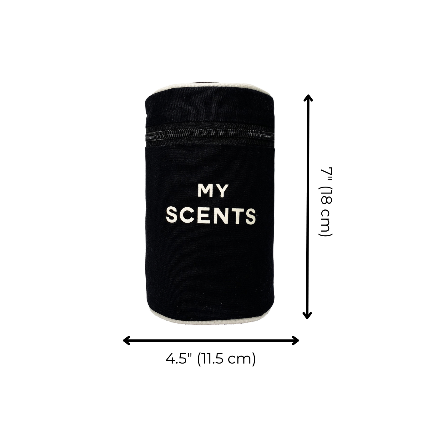 Bag-all Round My Scents Case in Black - Cylindrical travel organizer with white text, zipper closure, 7" height, perfect for storing perfumes and fragrances safely