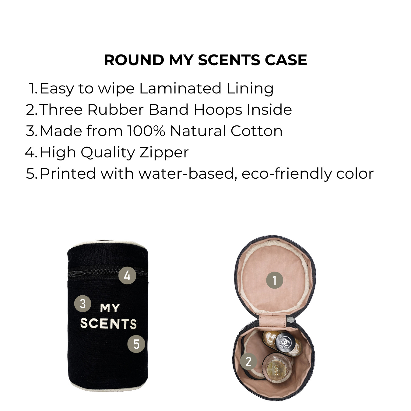 Bag-all Round My Scents Case in black with laminated lining, rubber bands, and eco-friendly cotton construction, perfect for organizing perfumes and fragrance bottles