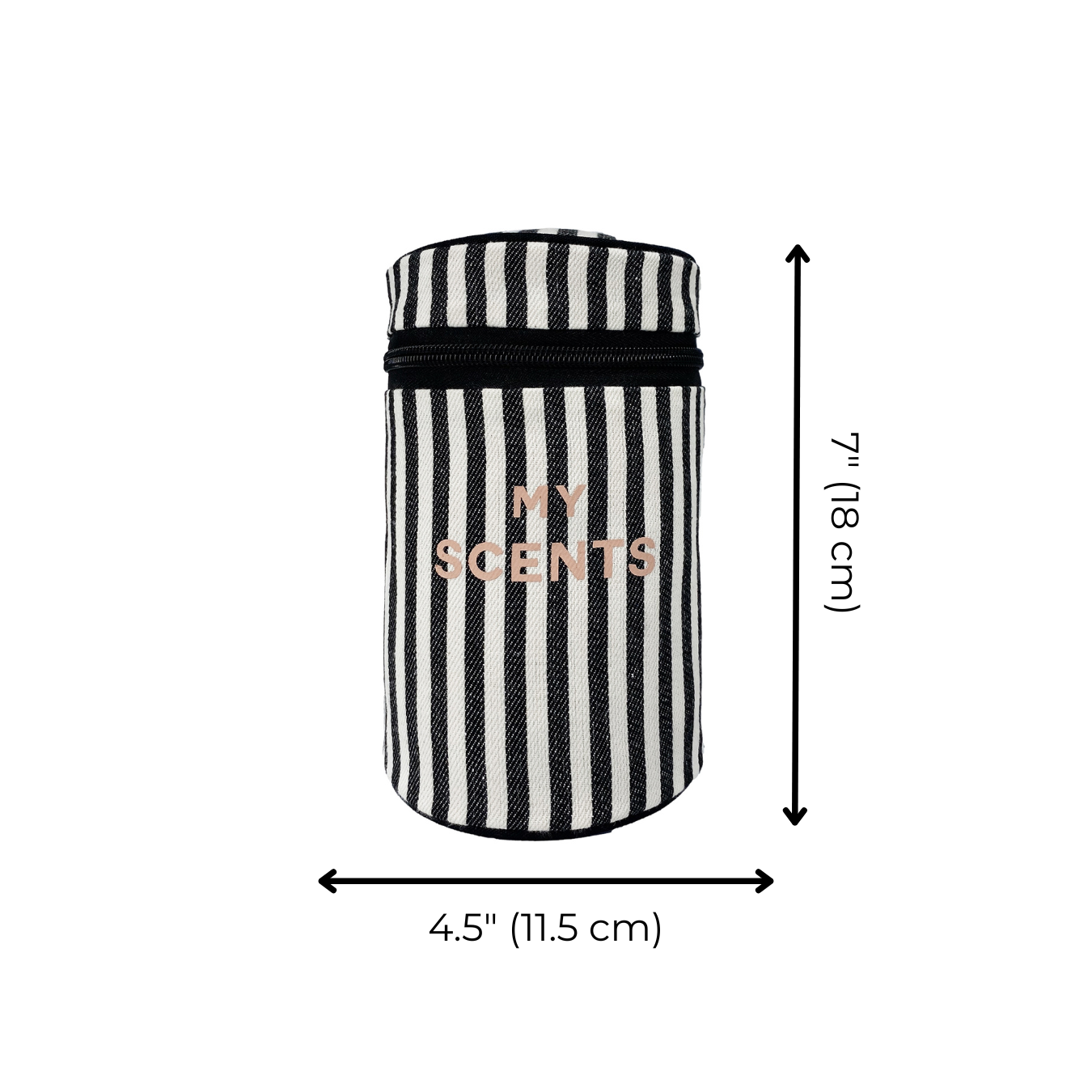 Bag-all Round My Scents Case in black and white vertical stripes, featuring rose gold text, cylindrical design with zipper closure, measures 7 inches tall by 4.5 inches wide
