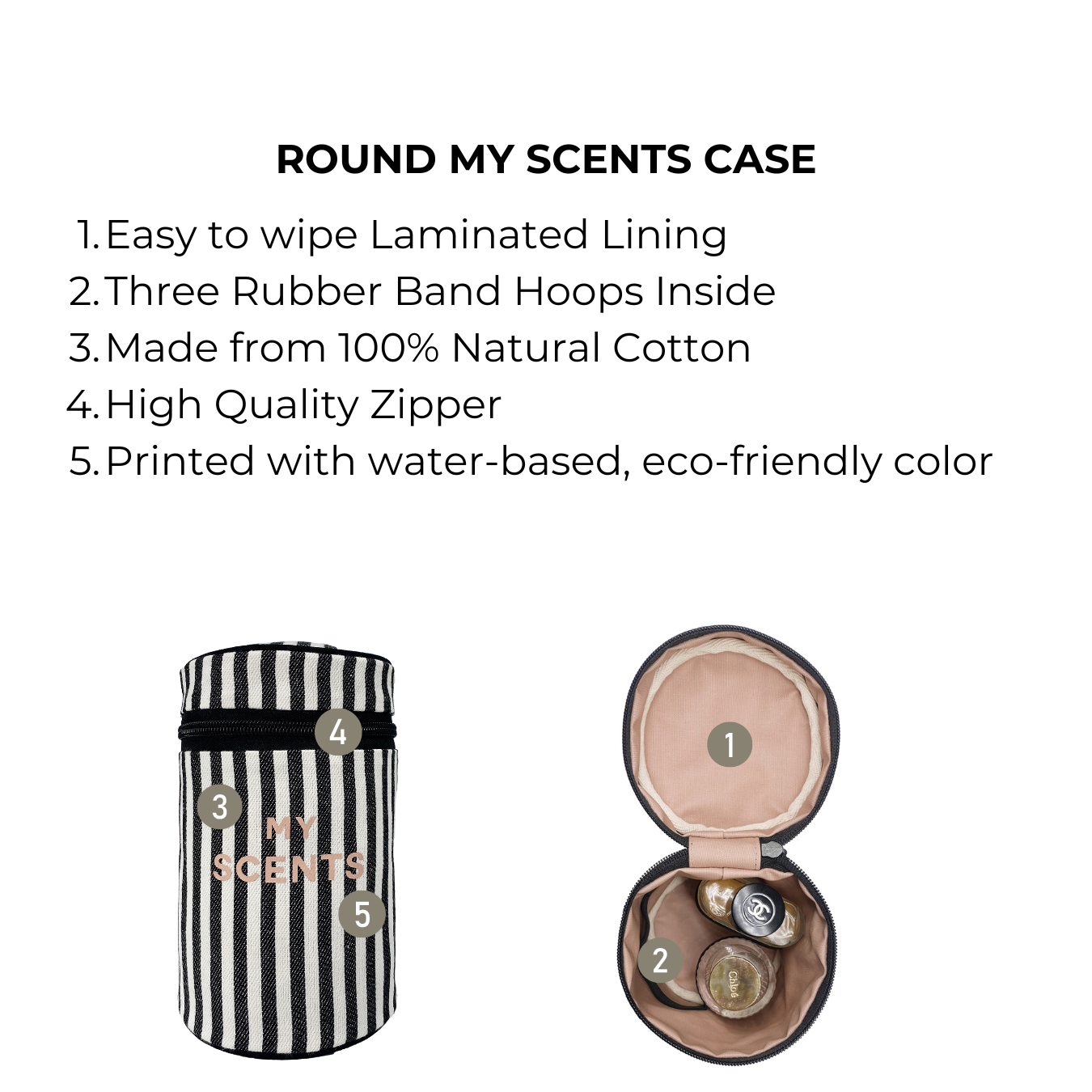 Bag-all Round My Scents Case in classic black and white stripes, featuring laminated interior, rubber bands, and zipper closure. Perfect for organizing perfumes with eco-friendly cotton construction