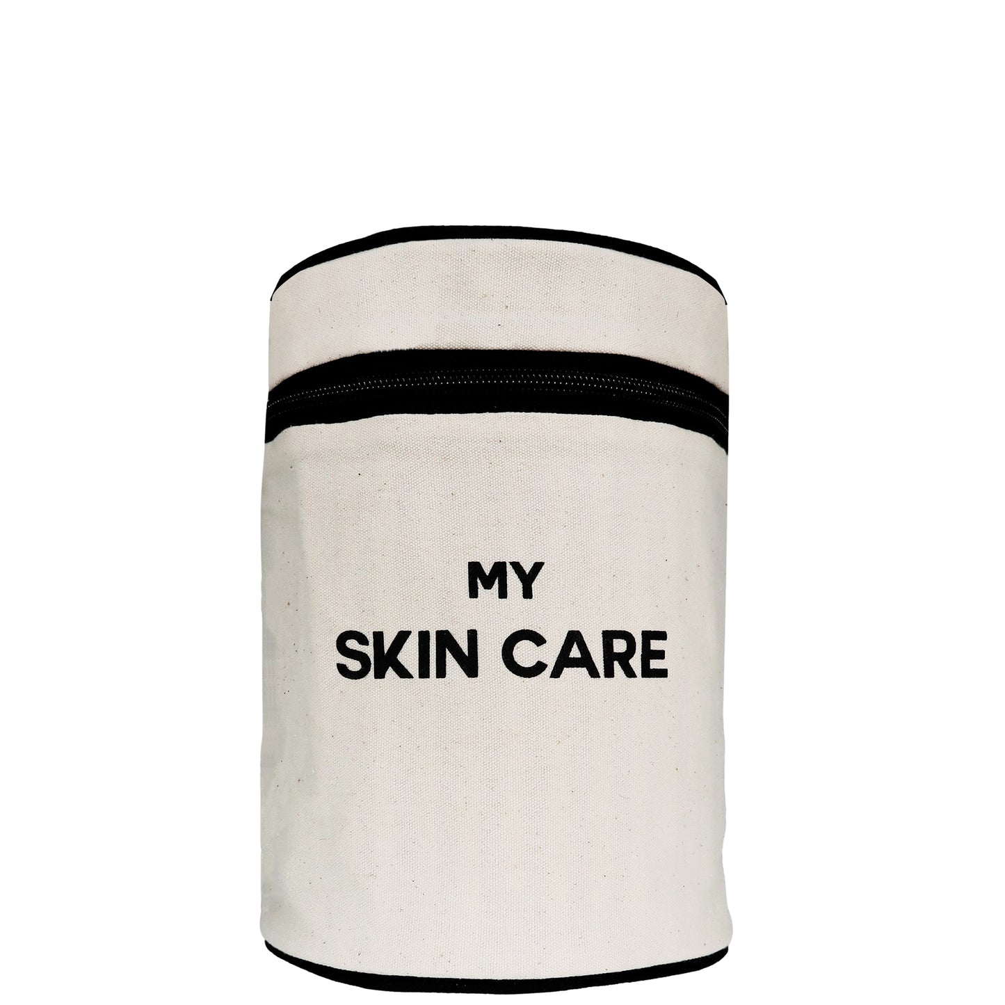 Bag-all Round My Skin Care Case in cream canvas with black trim, featuring organized compartments and water-resistant lining for stylish skincare storage