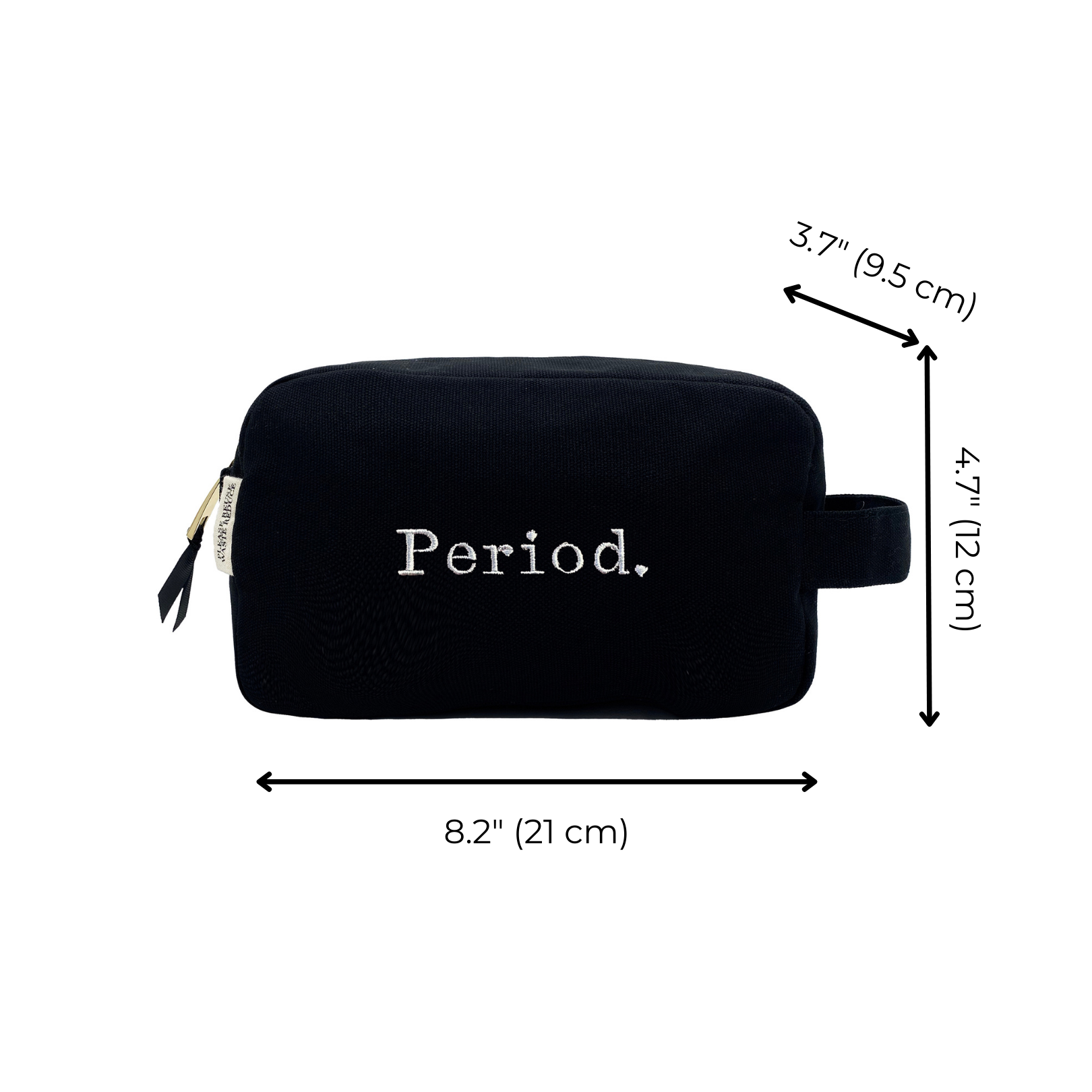 Bag-all Stylish Sanitary Pouch in black cotton with white Period embroidery, measuring 8.2x4.7 inches, perfect for discreet feminine care storage