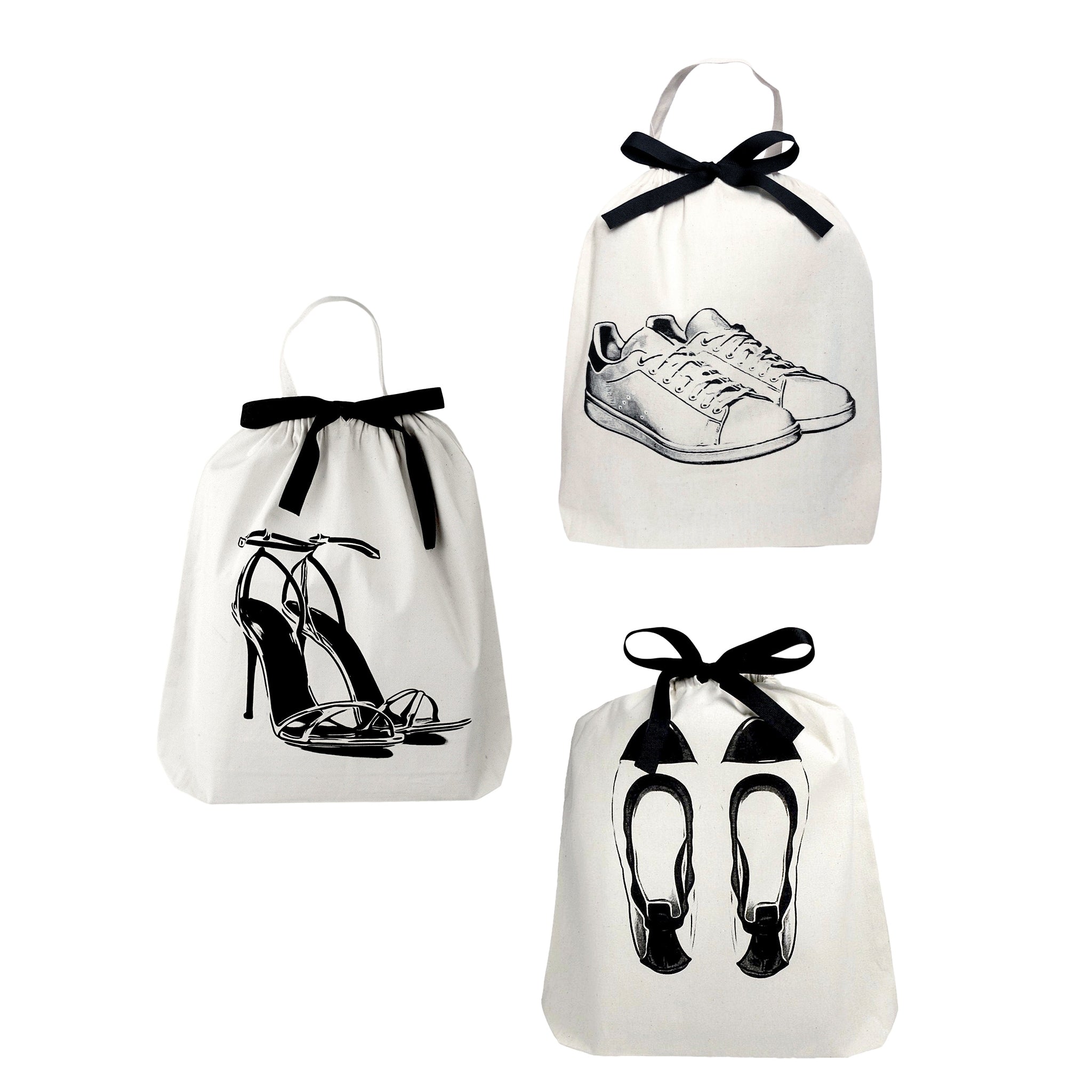 Bag-all Shoe Bags Set 3-pack Cream featuring elegant black shoe illustrations: sneakers, high heels, and ballet flats on cotton drawstring bags with black ribbon closures