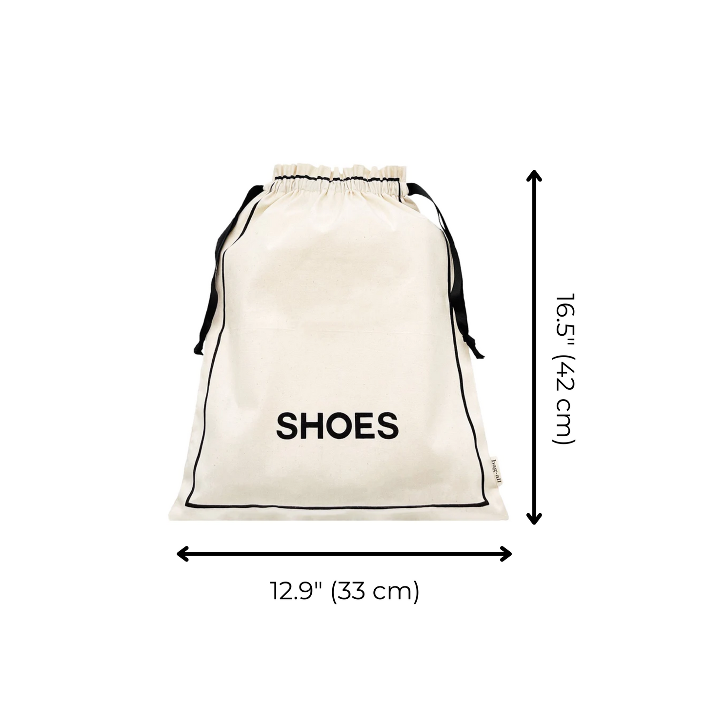 Bag-all Couture Shoe Travel Bag in cream with black trim, featuring 'SHOES' text, drawstring closure, 16.5" height and 12.9" width dimensions, perfect for organized footwear storage