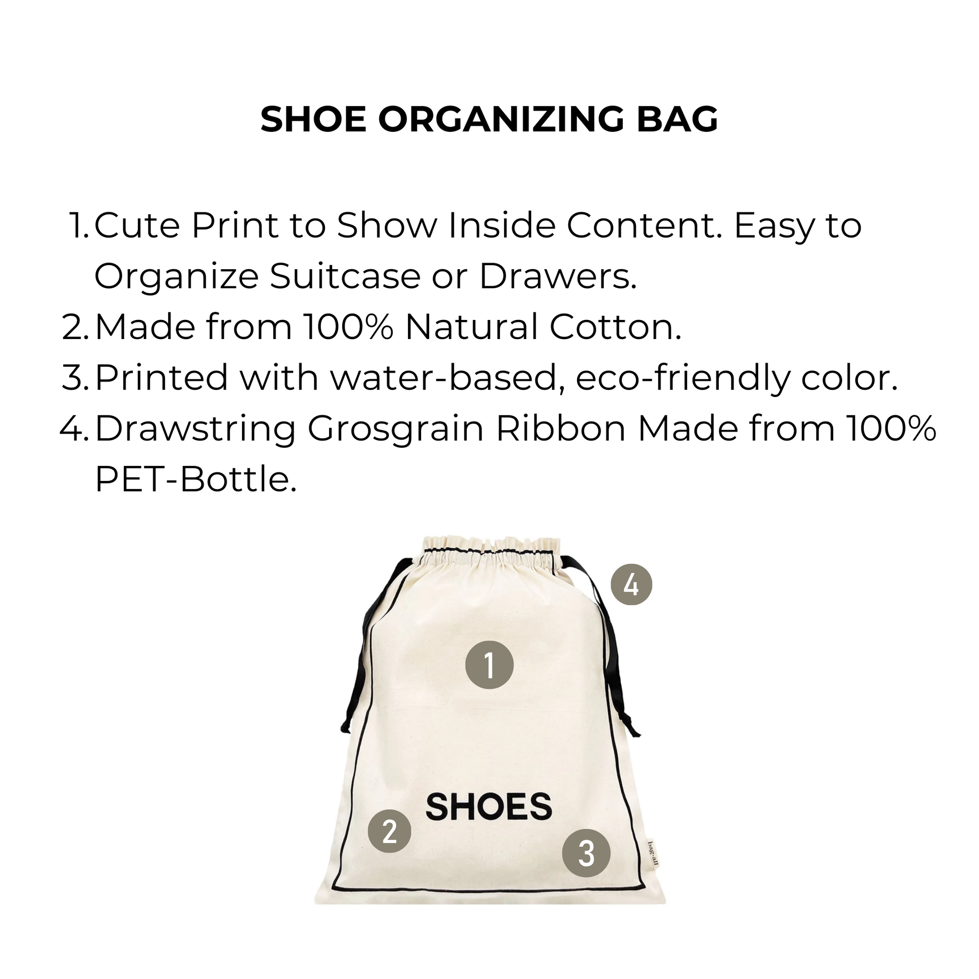 Bag-all Couture Shoe Travel Bag in cream cotton with eco-friendly print, featuring drawstring closure and shoe illustration, perfect for organized travel and storage