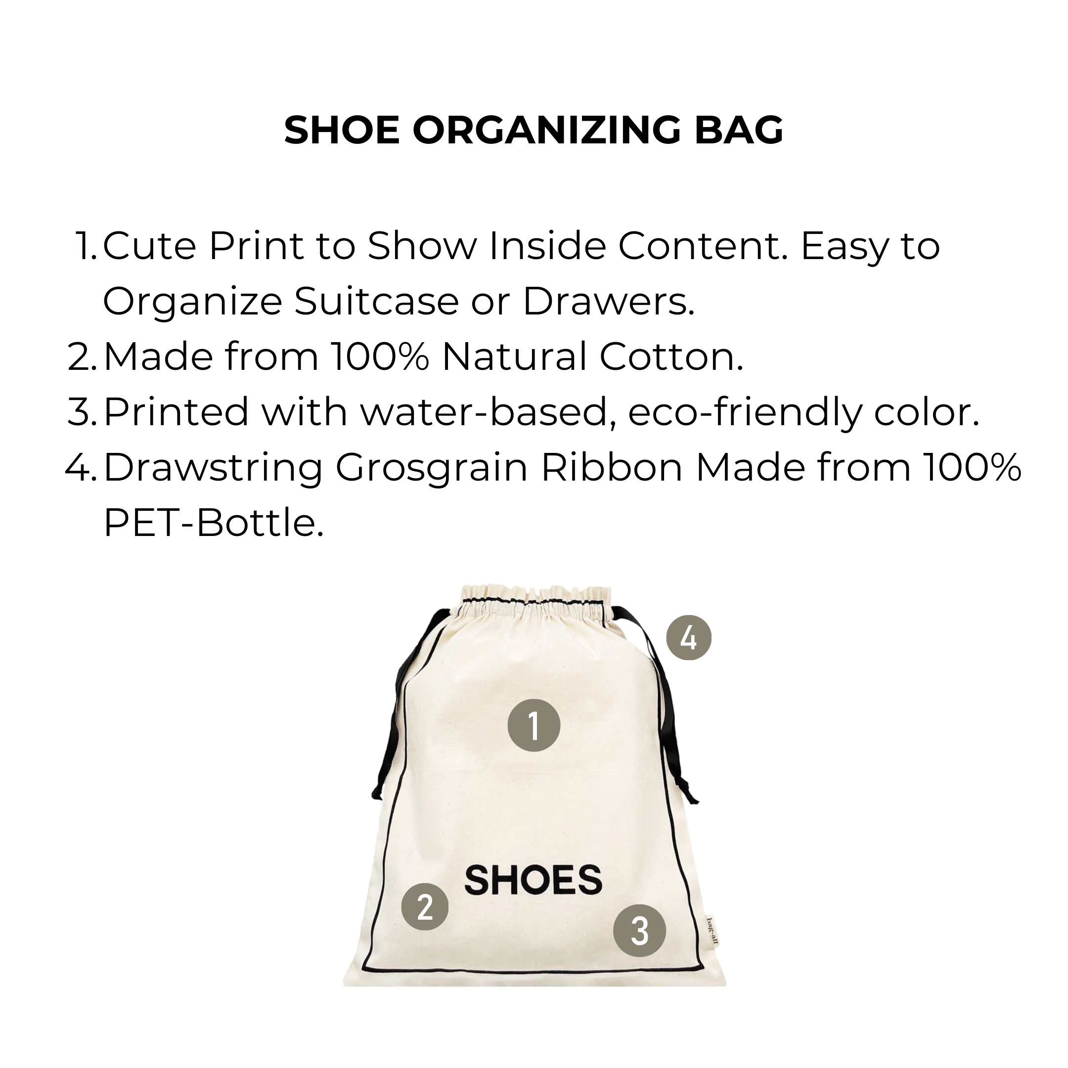 Bag-all Couture Shoe Travel Bag in cream cotton with eco-friendly print, featuring drawstring closure and shoe illustration, perfect for organized travel and storage