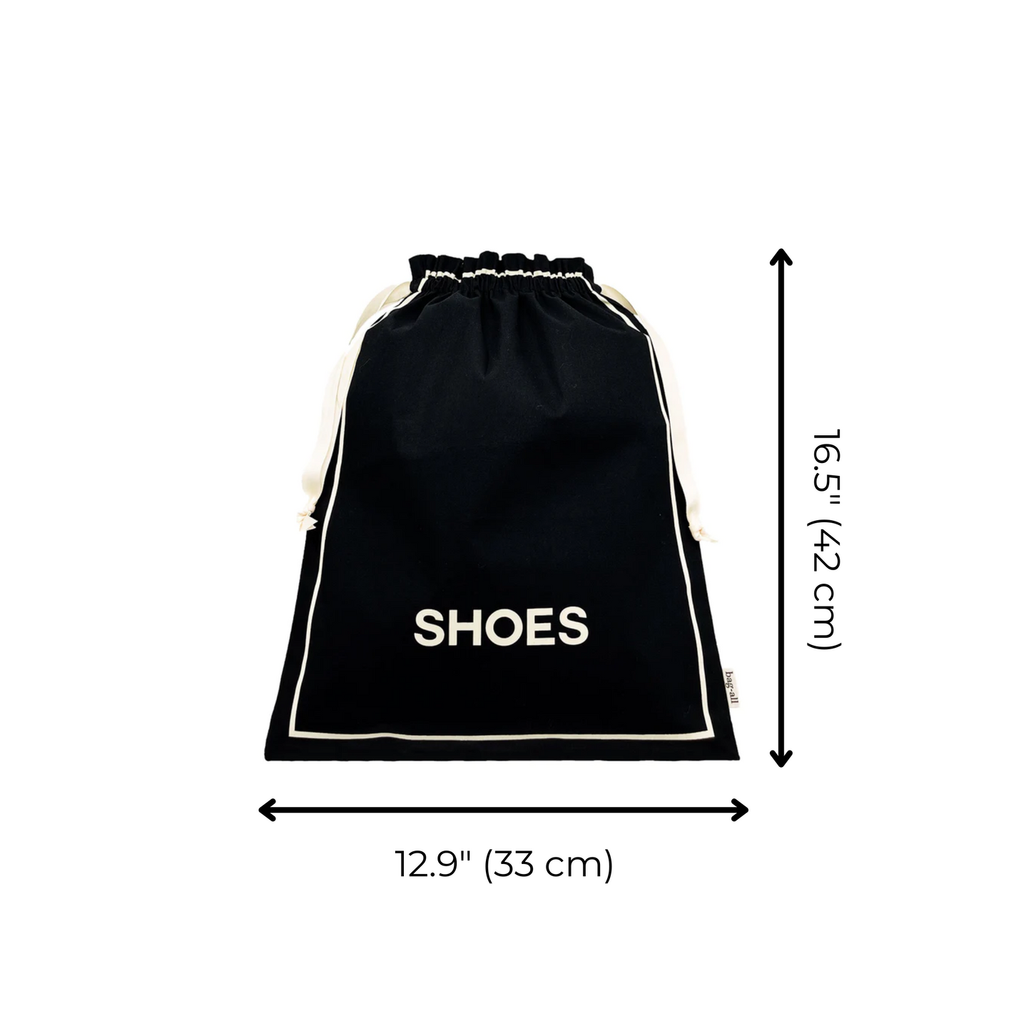 Bag-all Couture Shoe Travel Bag in black cotton with white 'SHOES' text and trim, measuring 16.5" x 12.9" with drawstring closure, perfect for organized footwear storage