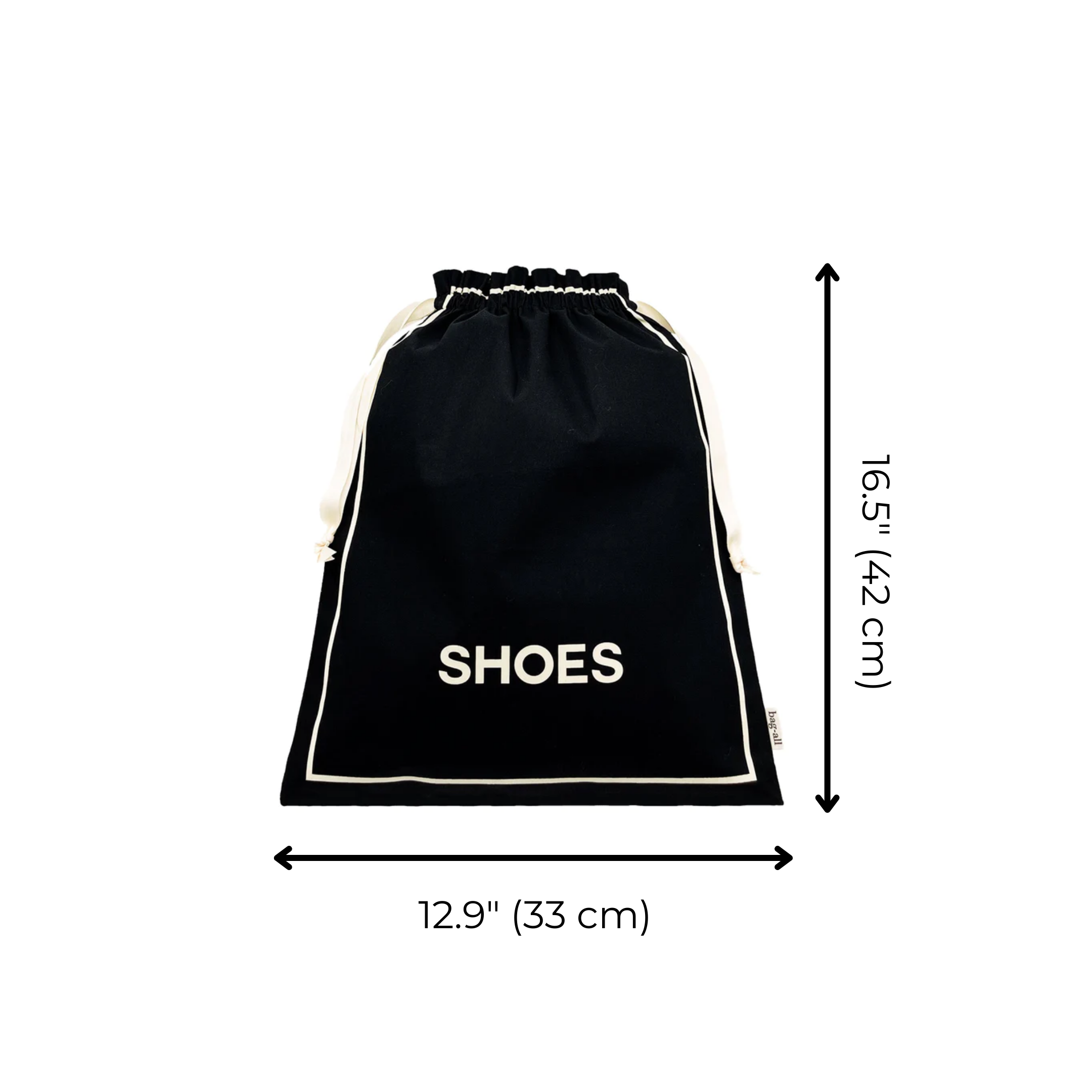 Bag-all Couture Shoe Travel Bag in black cotton with white 'SHOES' text and trim, measuring 16.5" x 12.9" with drawstring closure, perfect for organized footwear storage