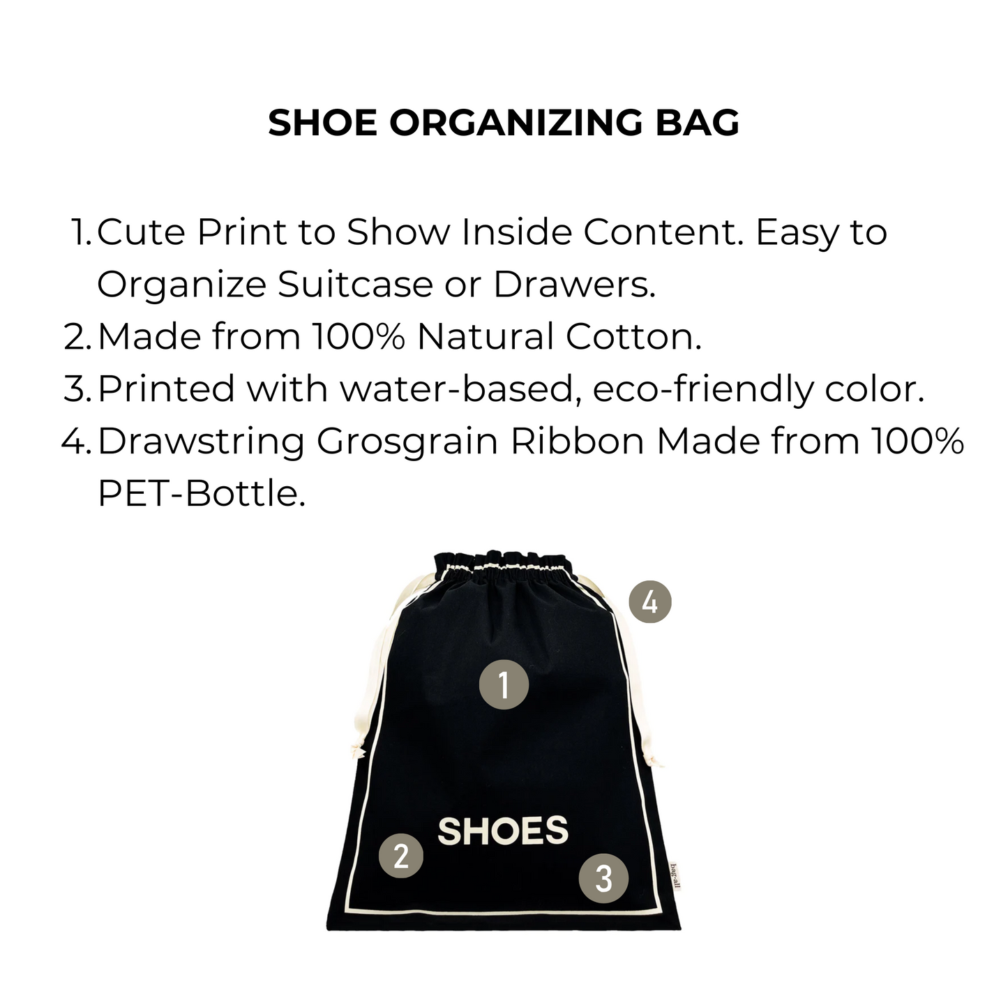 Bag-all Couture Shoe Travel Bag in black cotton with eco-friendly print, featuring drawstring closure and shoe illustration for organized travel and storage