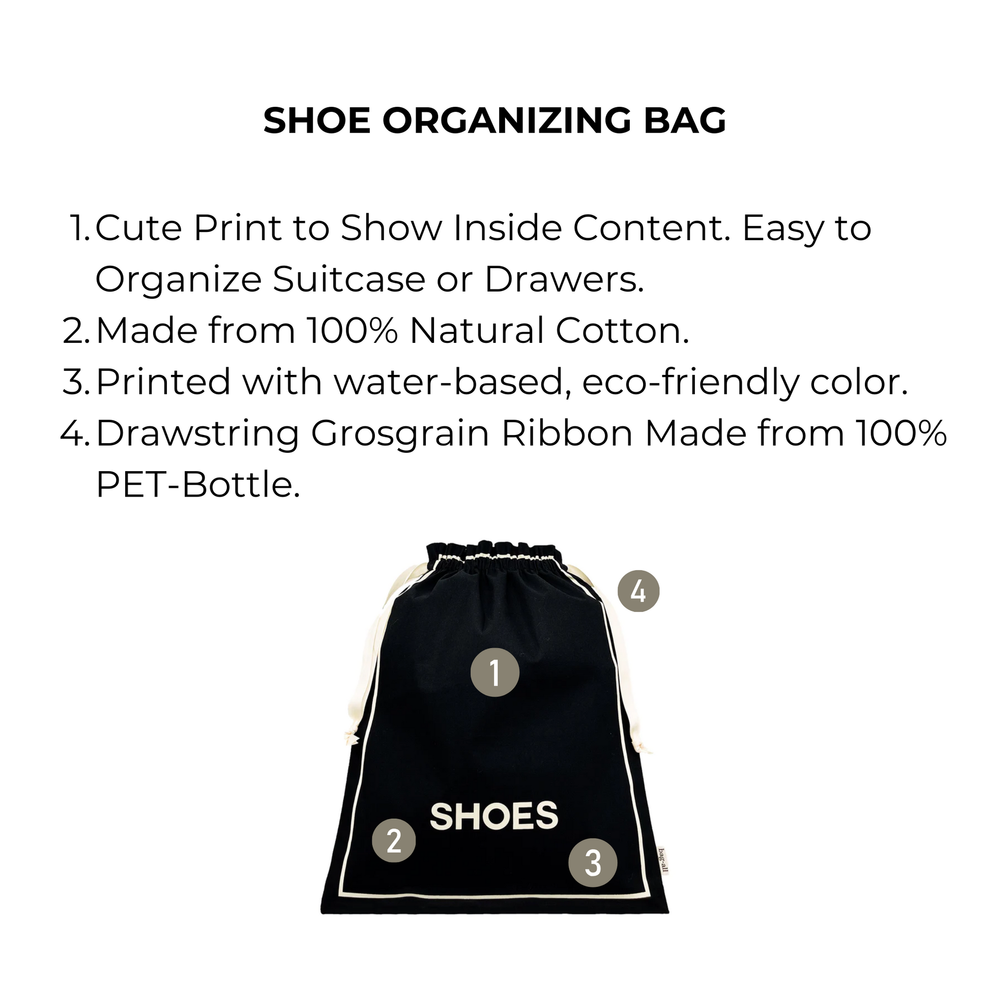 Bag-all Couture Shoe Travel Bag in black cotton with eco-friendly print, featuring drawstring closure and shoe illustration for organized travel and storage