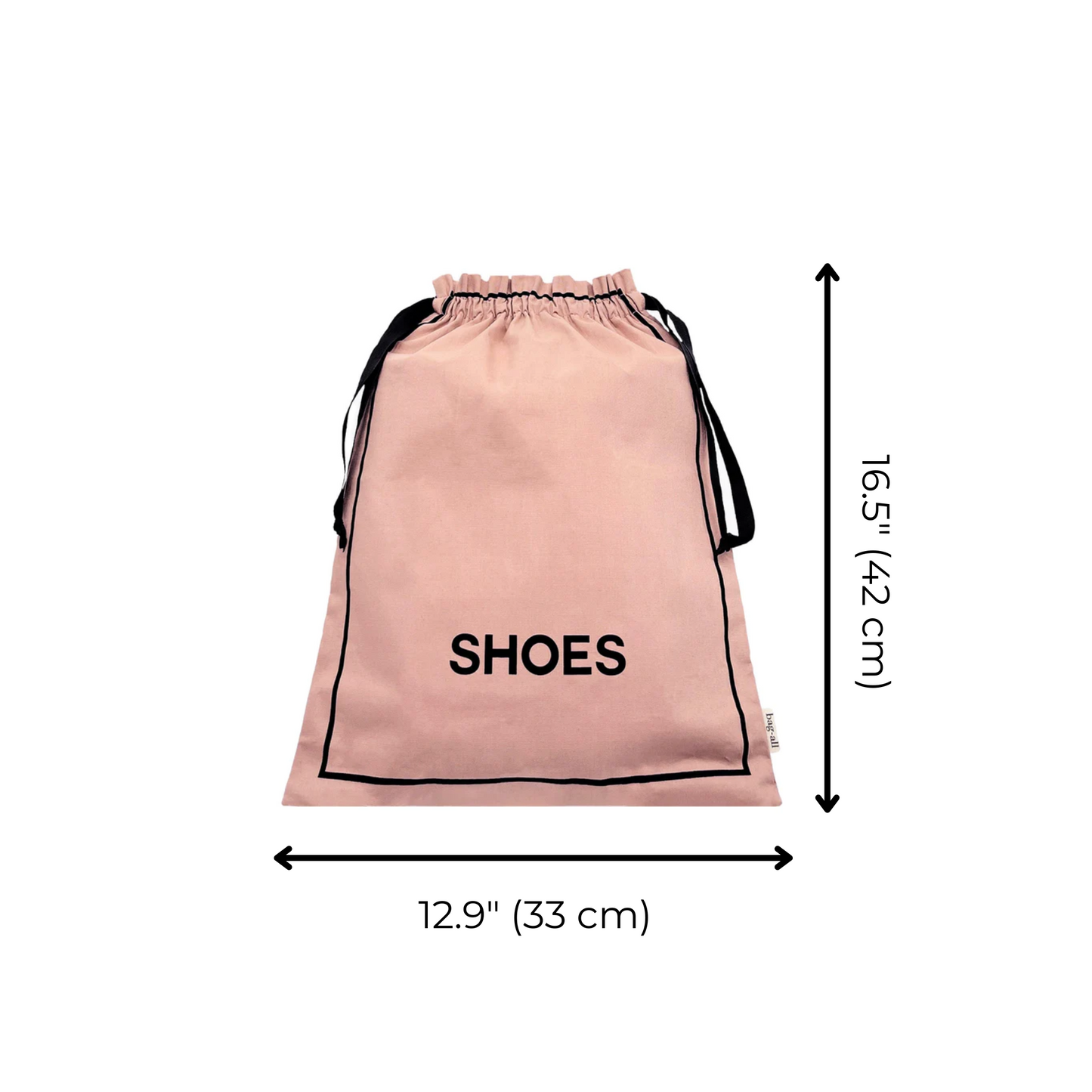 Bag-all Couture Shoe Travel Bag in pink blush fabric with black SHOES text, drawstring closure, measuring 16.5" x 12.9", perfect for stylish footwear storage and travel