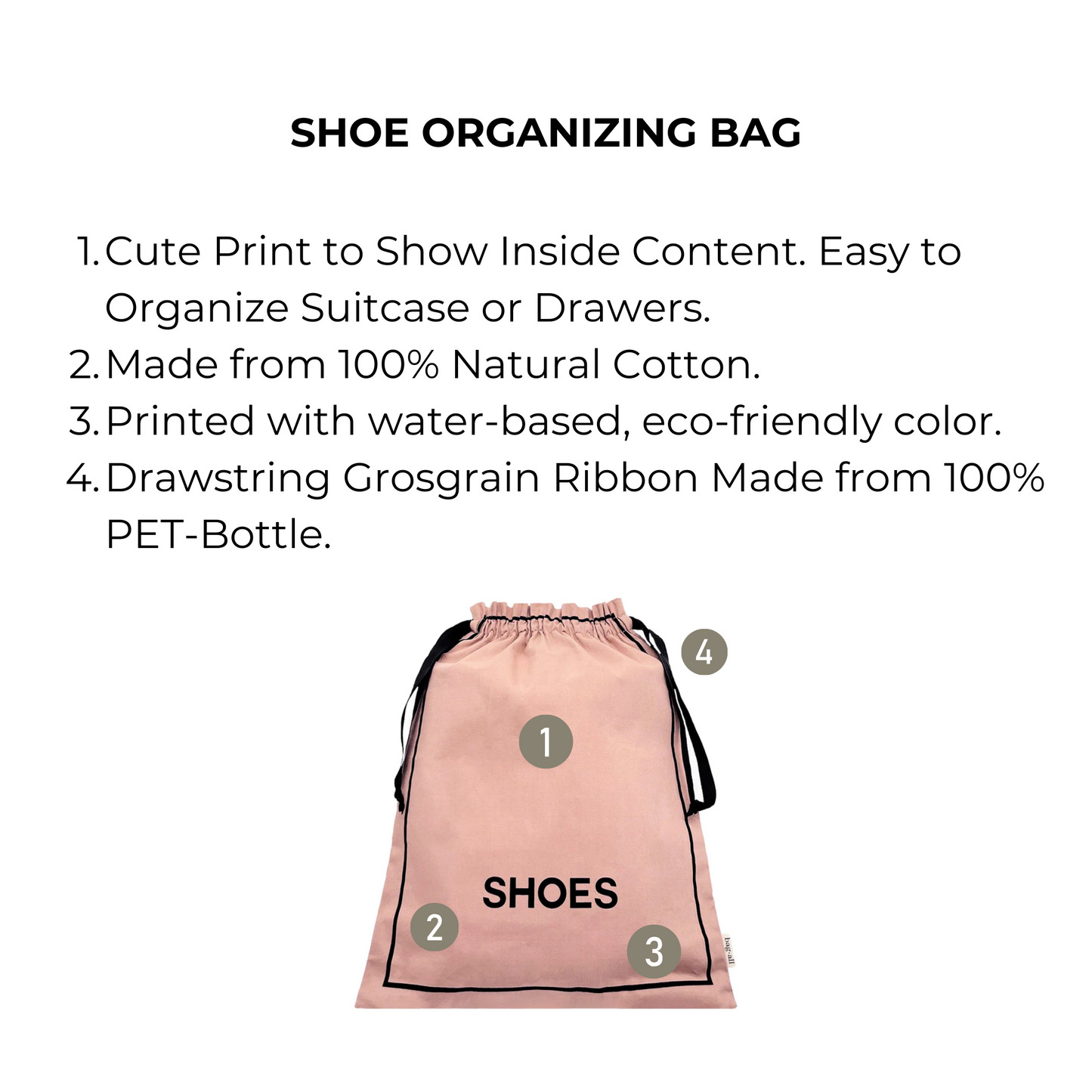 Bag-all Couture Shoe Travel Bag in pink blush with black text, drawstring closure, made from natural cotton, featuring eco-friendly print and recycled ribbon for sustainable travel organization