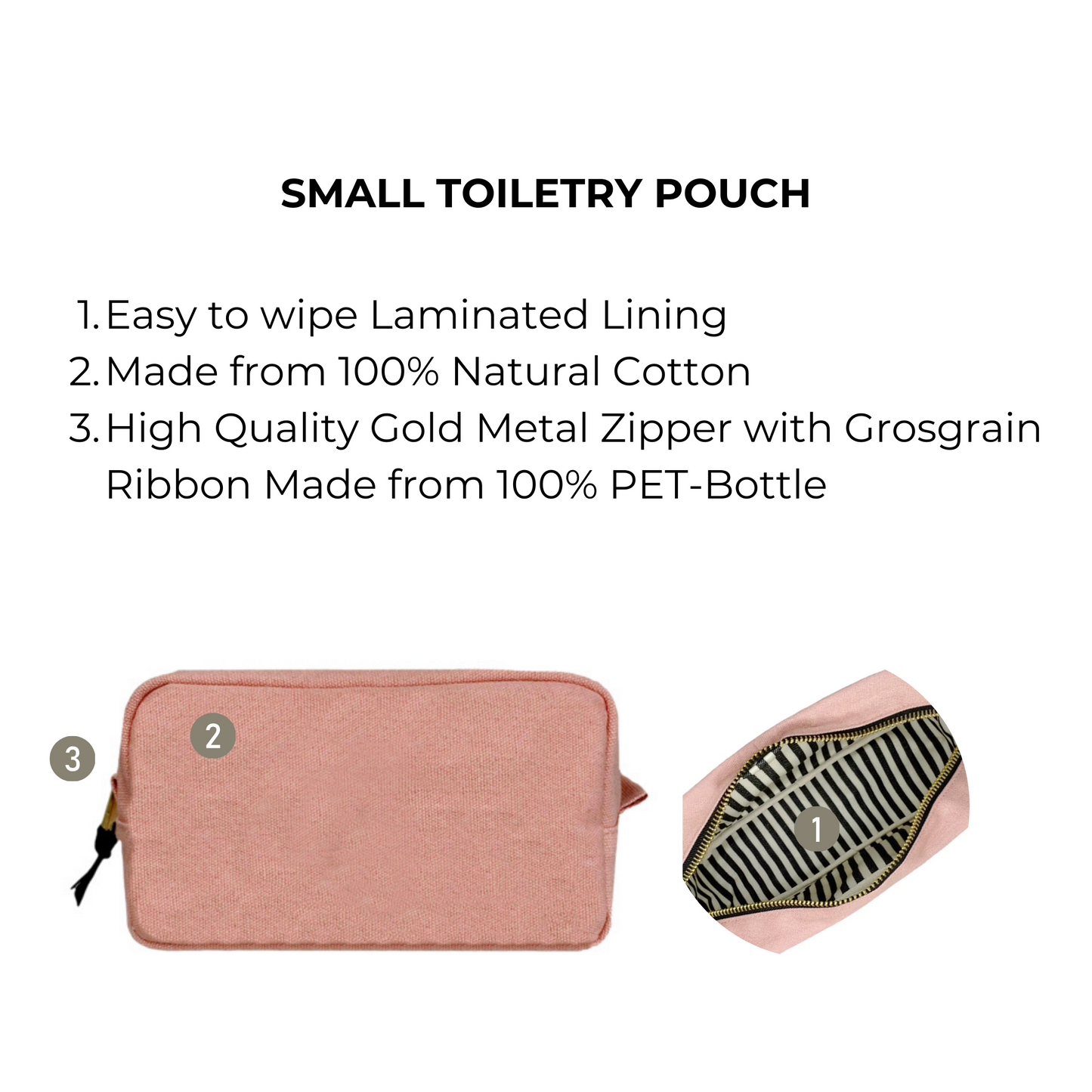 Bag-all Small Toiletry Pouch in Pink/Blush featuring cotton exterior, striped laminated interior lining, and gold zipper. Compact travel-friendly organizer for essentials.