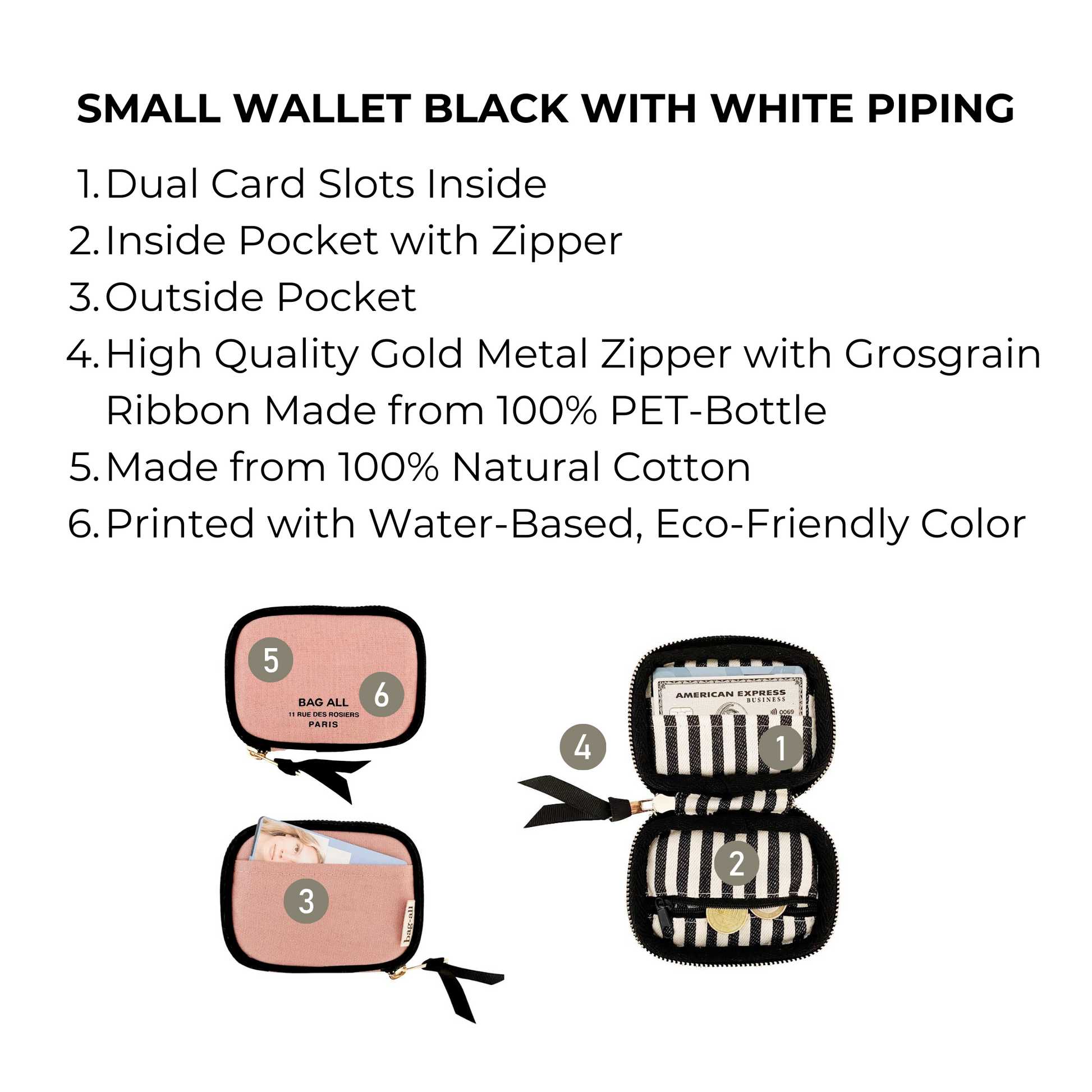 Bag-all Small Wallet Pink/Blush with Black Piping featuring dual card slots, inside zipper pocket, and outside pocket. Eco-friendly cotton wallet with gold metal zipper and stylish design.
