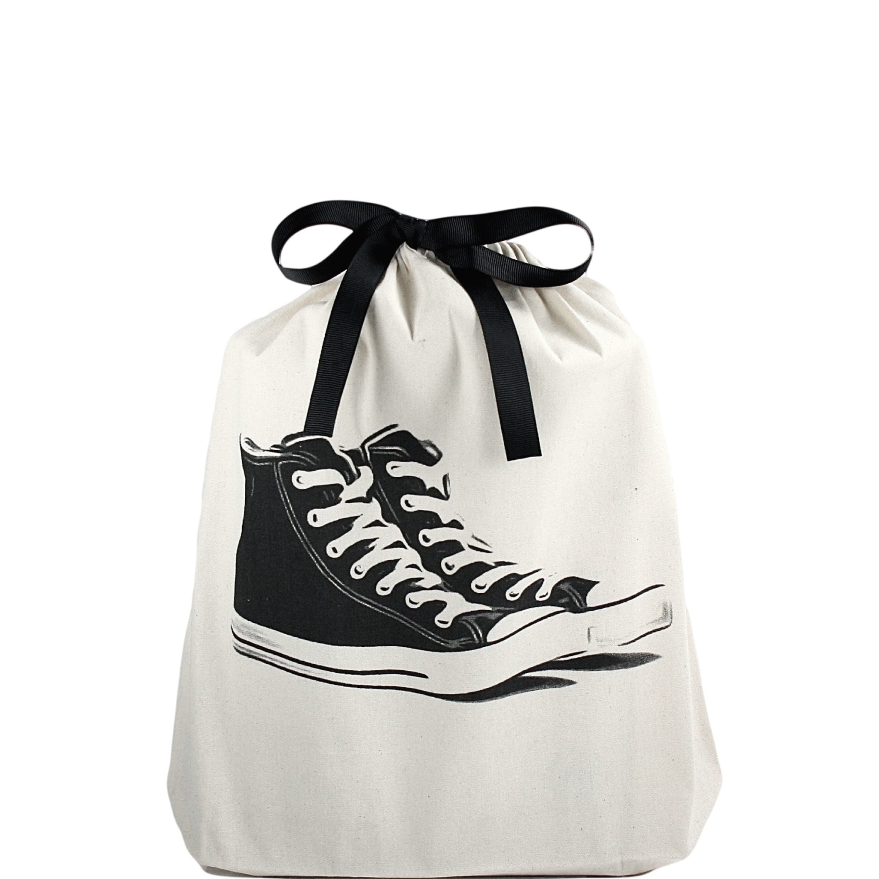 Bag-all Cream Sneakers Shoe Bag featuring black high-top sneaker print, drawstring closure with black ribbon, perfect for organizing and protecting footwear