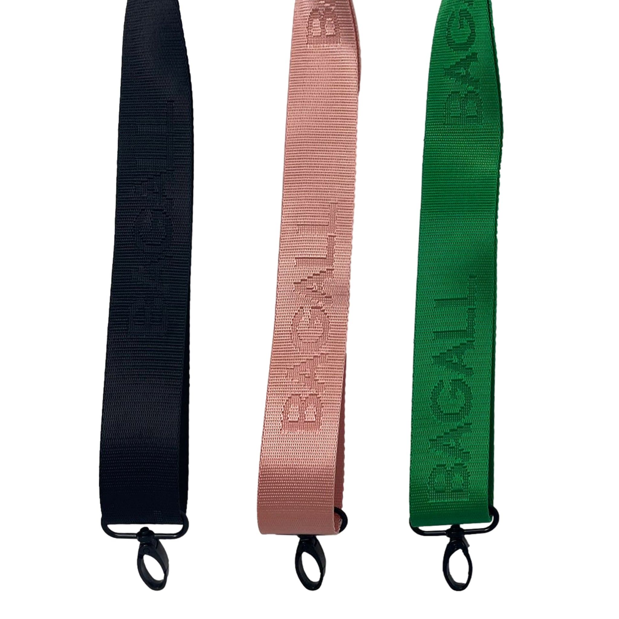 Bag-all Strap in black, pink, and green colors with embossed logo pattern - adjustable replacement strap for City Backpack with durable metal hooks