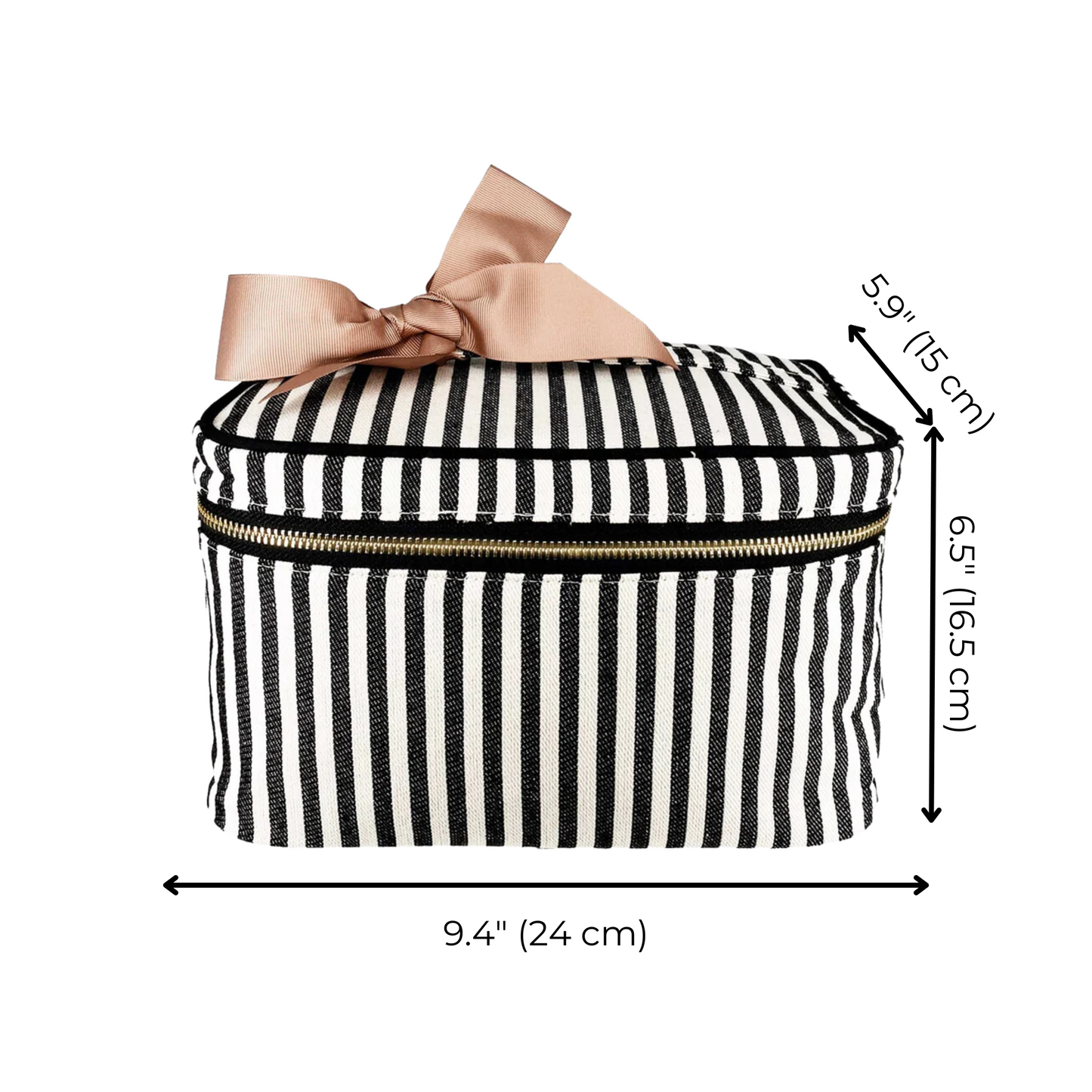Bag-all Medium Box Makeup & Toiletry in classic black and white stripes with pink bow accent, gold zipper closure, perfect for beauty essentials storage and travel organization