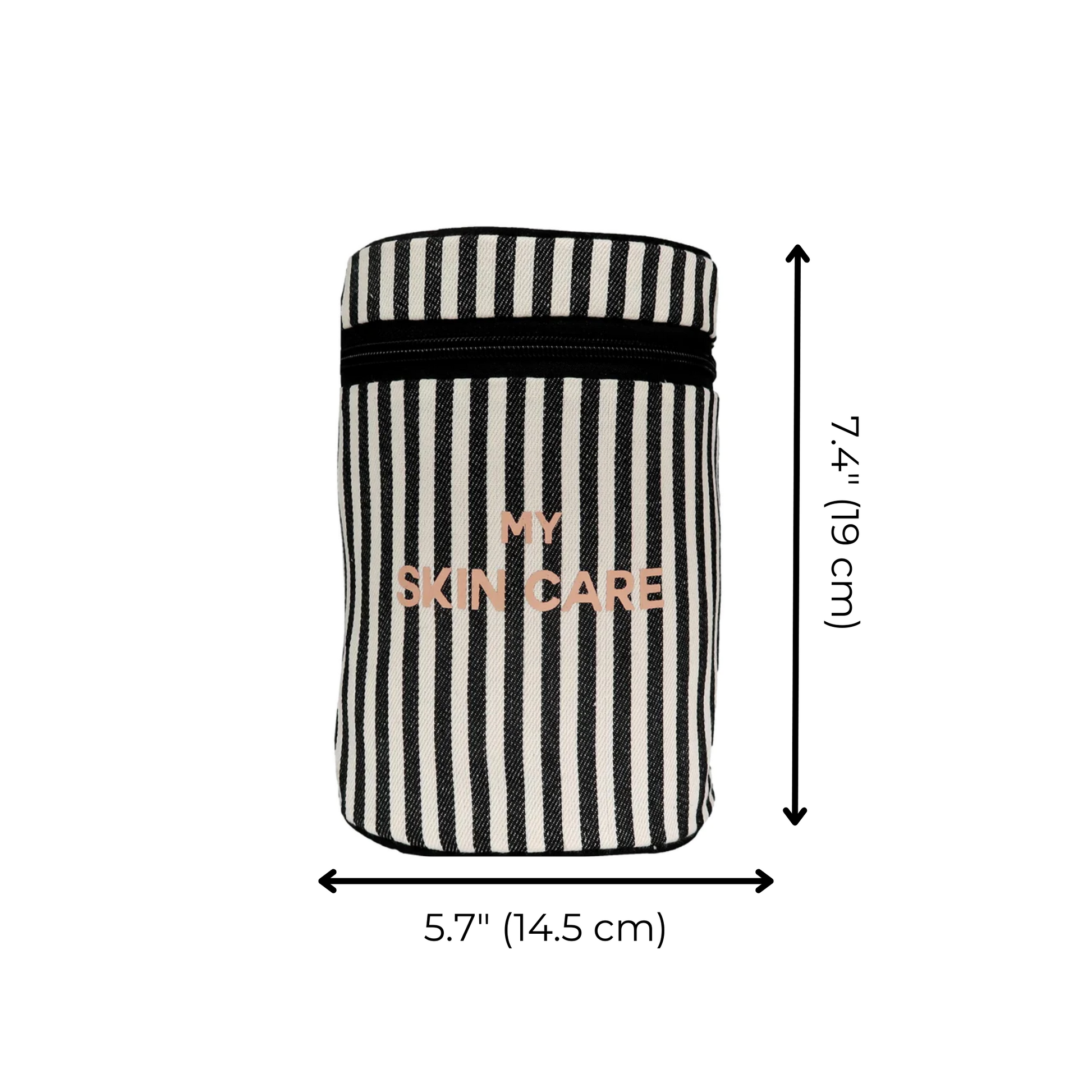 Bag-all Round My Skin Care Case in black and white stripes with rose gold text, featuring cylindrical design and elastic band closure, measures 19x14.5cm