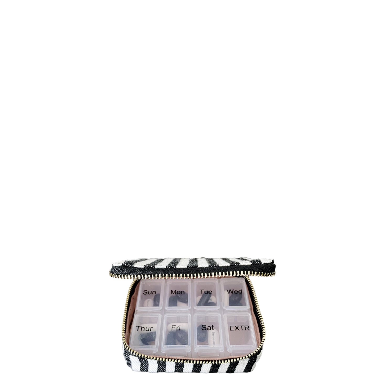 Bag-all Striped Pill Organizing Case featuring weekly compartments, black and white pattern, zippered closure, compact travel design for medication storage