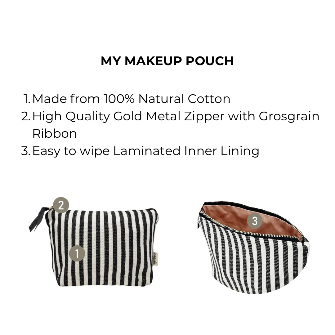 Bag-all Striped Makeup Pouch with pink waterproof lining, featuring black and white cotton stripes, gold zipper, compact design perfect for daily beauty essentials and travel organization
