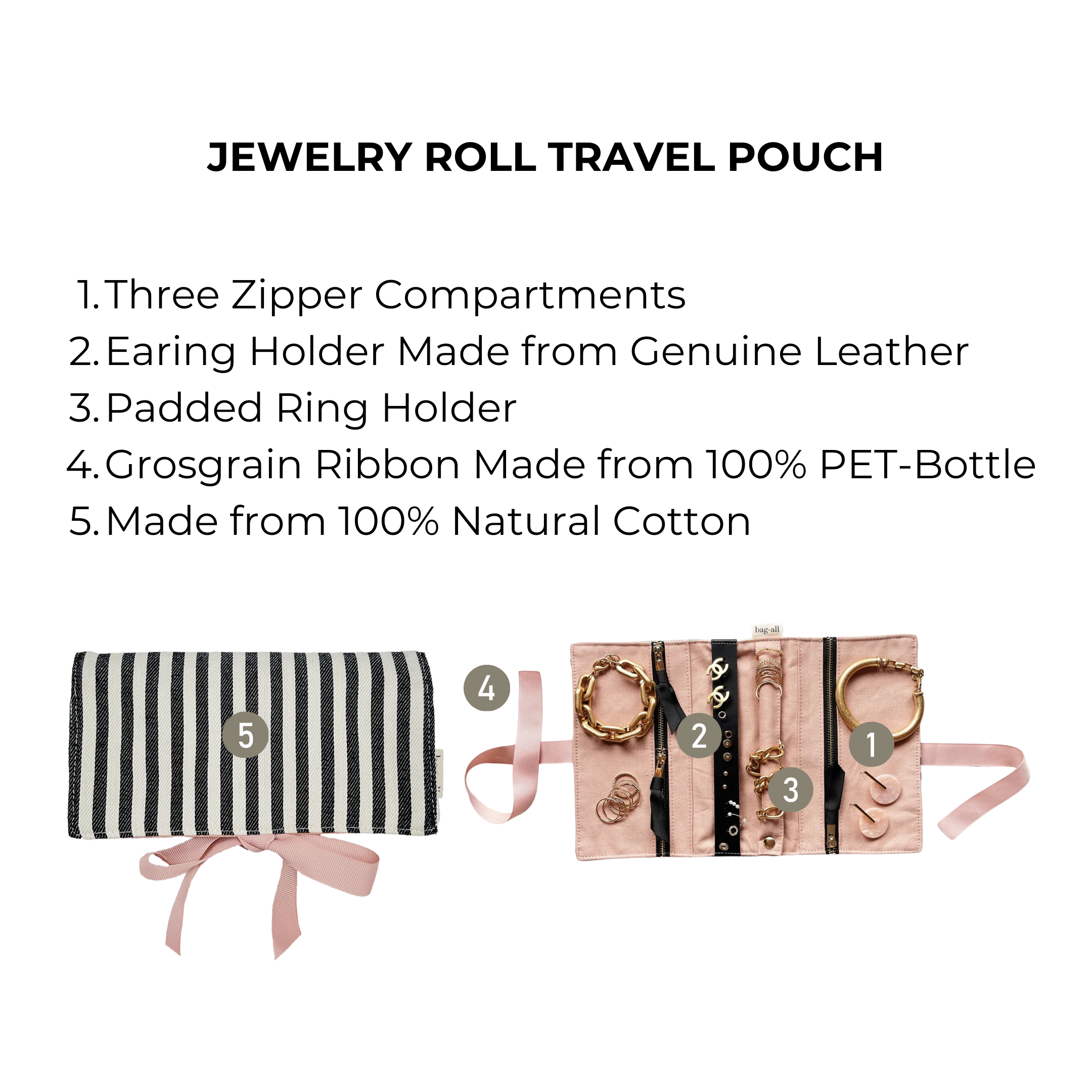 Bag-all Couture Jewelry Roll Medium Striped - black and white cotton travel organizer with pink lining, featuring three zipper compartments, leather earring holder and padded ring section