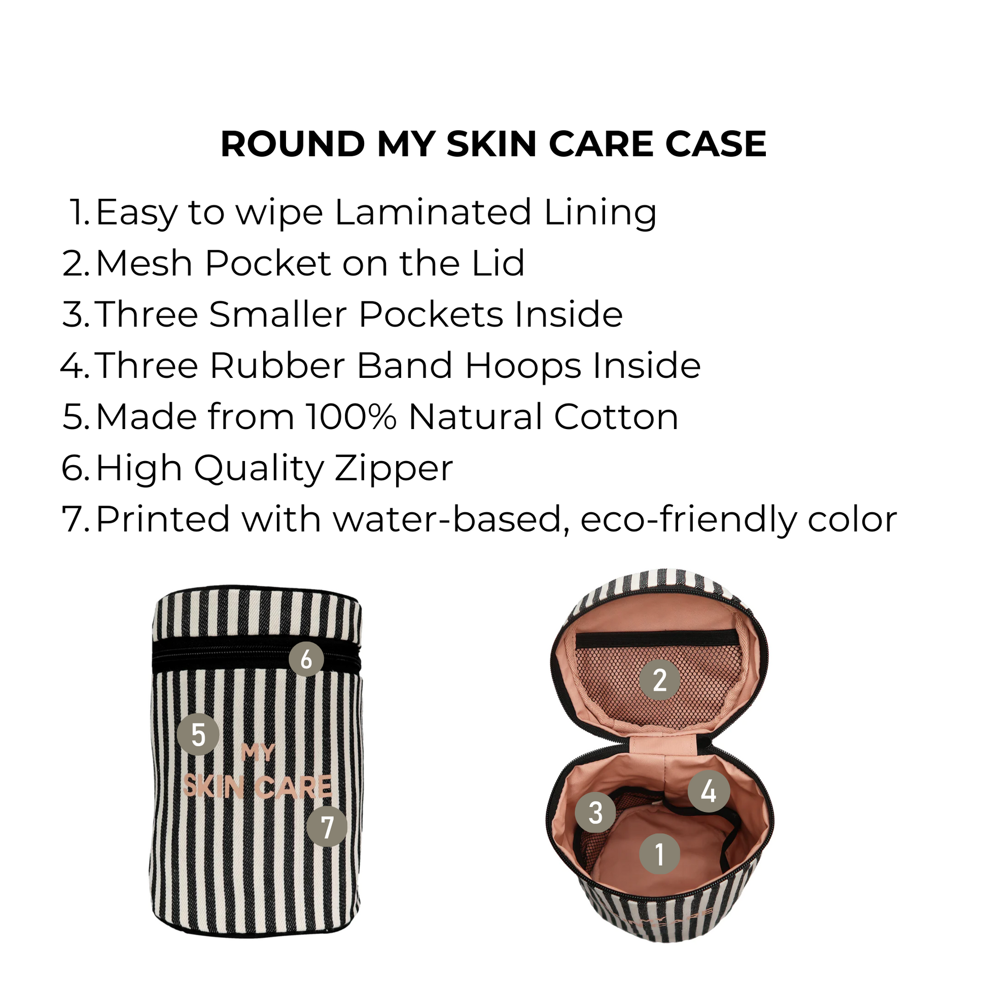 Bag-all Round My Skin Care Case, Striped - Cylindrical cotton organizer with laminated lining, mesh lid pocket, rubber bands and interior compartments for organized skincare storage