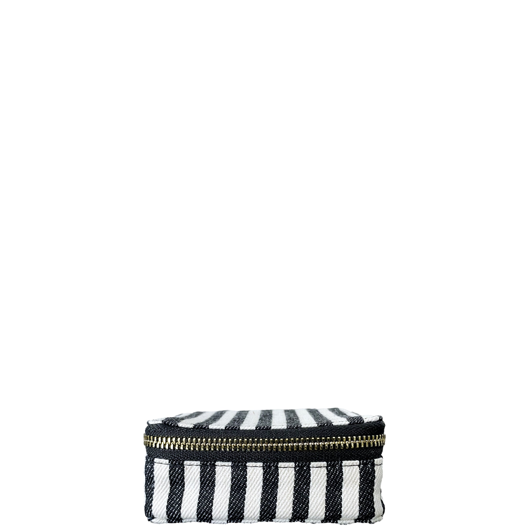 Bag-all Striped Jewelry Box with gold zipper - compact travel organizer for trinkets and accessories in classic black and white stripes
