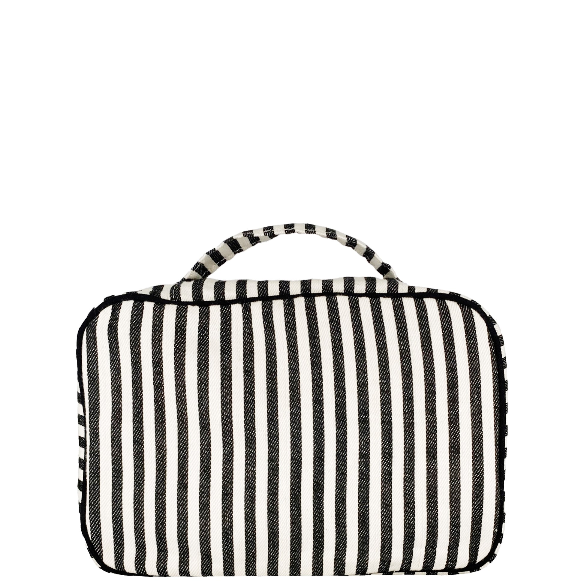 Bag-all Striped Folding Hanging Toiletry Case in black and white cotton, featuring three compartments, mesh pocket, and hanging hook for organized travel storage