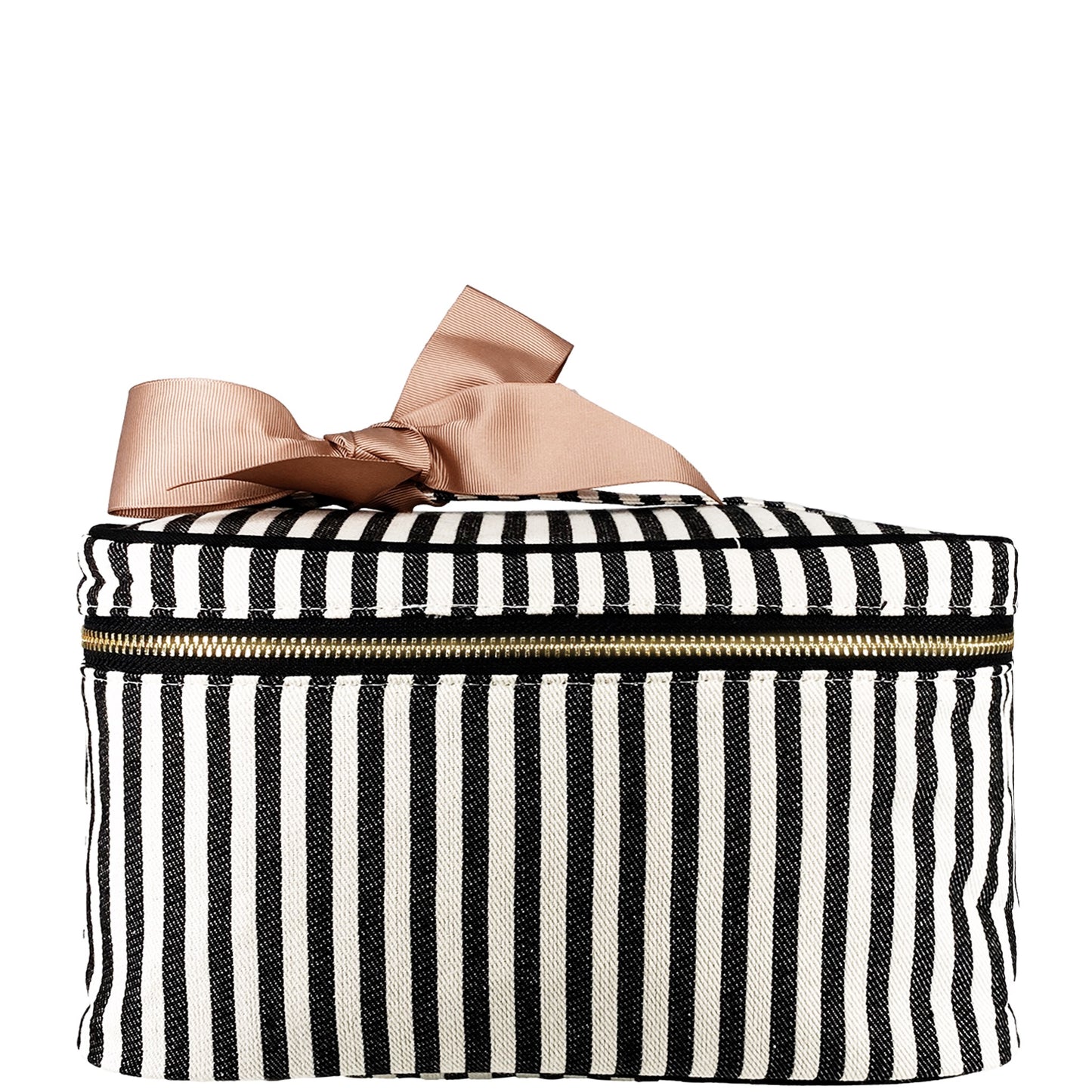 Bag-all Medium Box Makeup & Toiletry in classic black and white stripes, featuring gold zipper closure and elegant beige bow, perfect for organized beauty storage