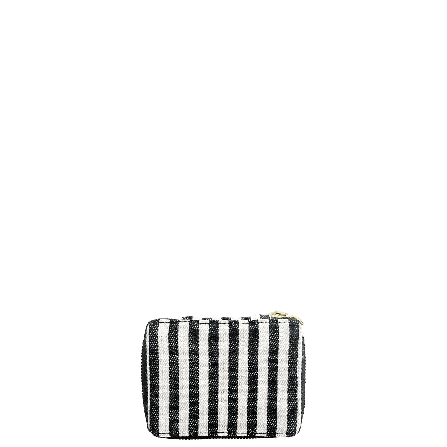 Bag-all Striped Pill Organizing Case featuring weekly compartments, black and white cotton design with secure zipper closure, perfect for medication storage and travel