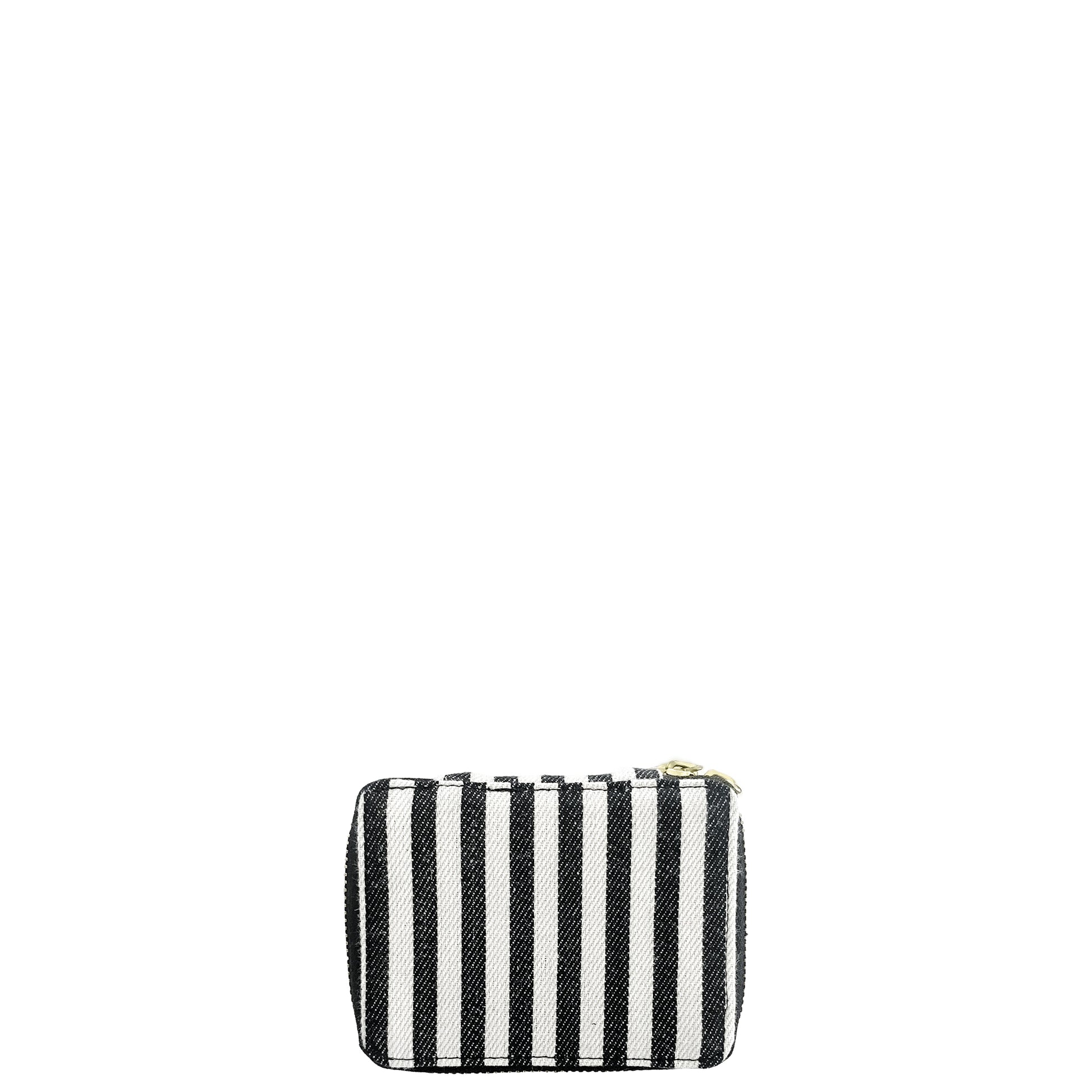Bag-all Striped Pill Organizing Case featuring weekly compartments, black and white cotton design with secure zipper closure, perfect for medication storage and travel