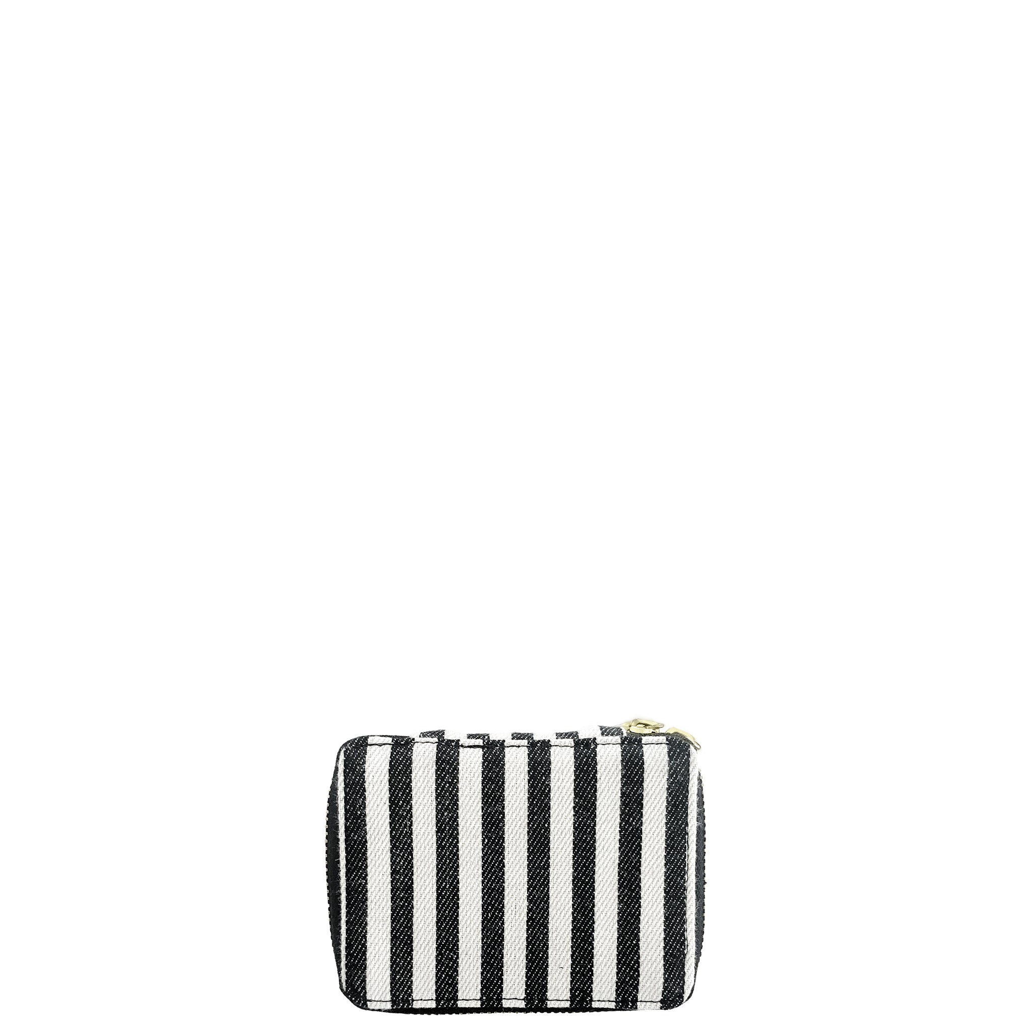 Bag-all Striped Pill Organizing Case featuring weekly compartments, black and white cotton design with secure zipper closure, perfect for medication storage and travel
