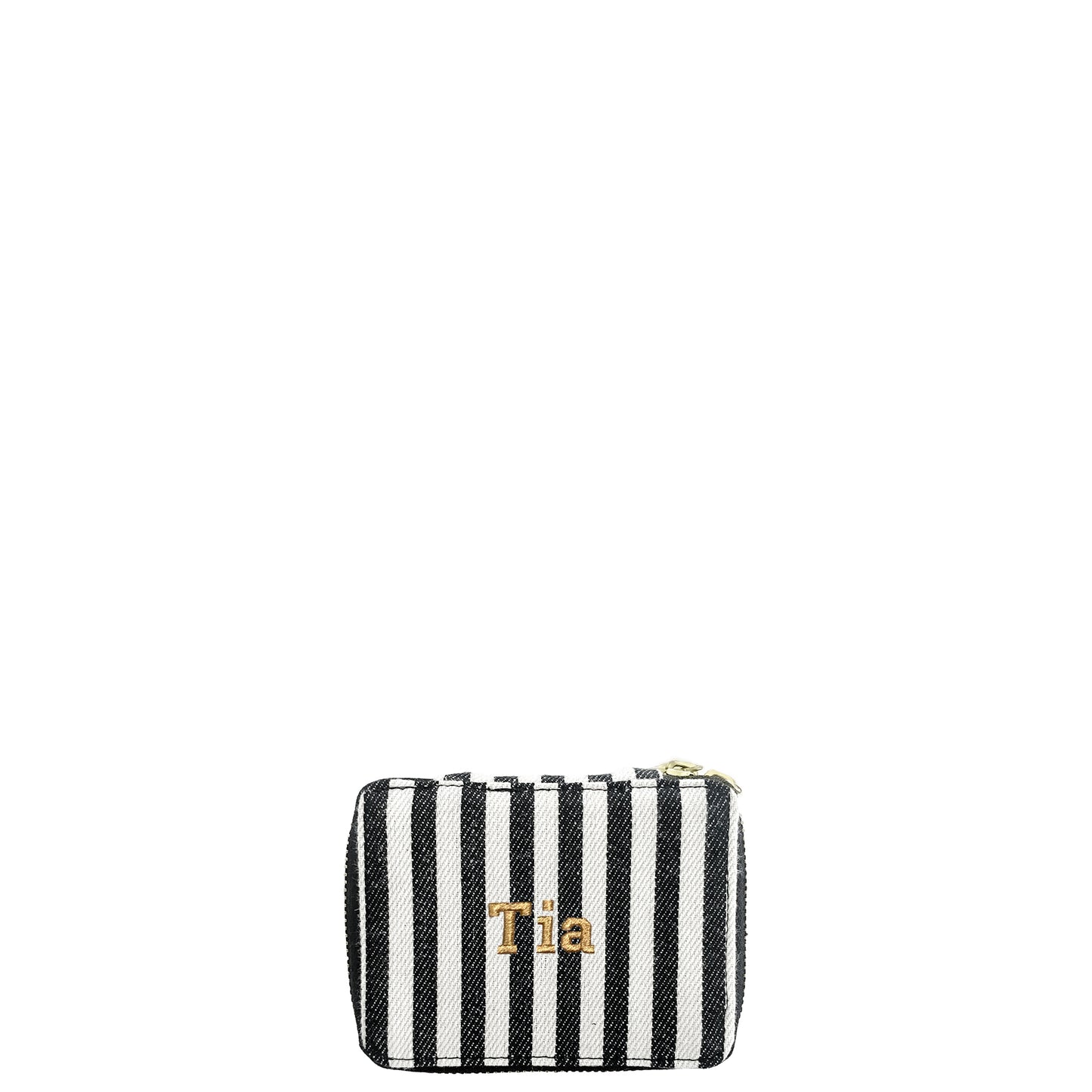 Bag-all Striped Jewelry Box with gold zipper - Compact travel-friendly trinket organizer in black and white stripes with personalization option
