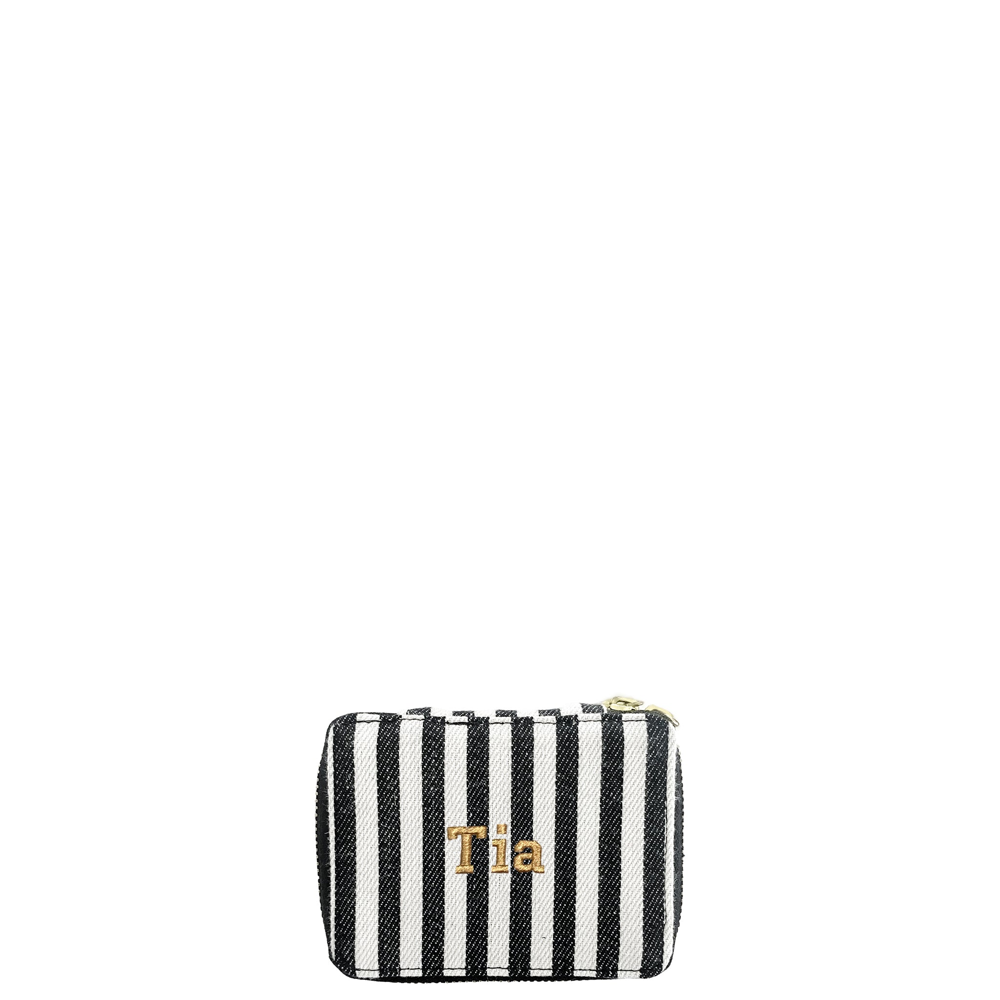 Bag-all Striped Jewelry Box with gold zipper - Compact travel-friendly trinket organizer in black and white stripes with personalization option