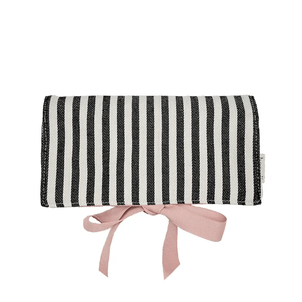 Black and white striped Bag-all medium jewelry case with pink tie closure on white background