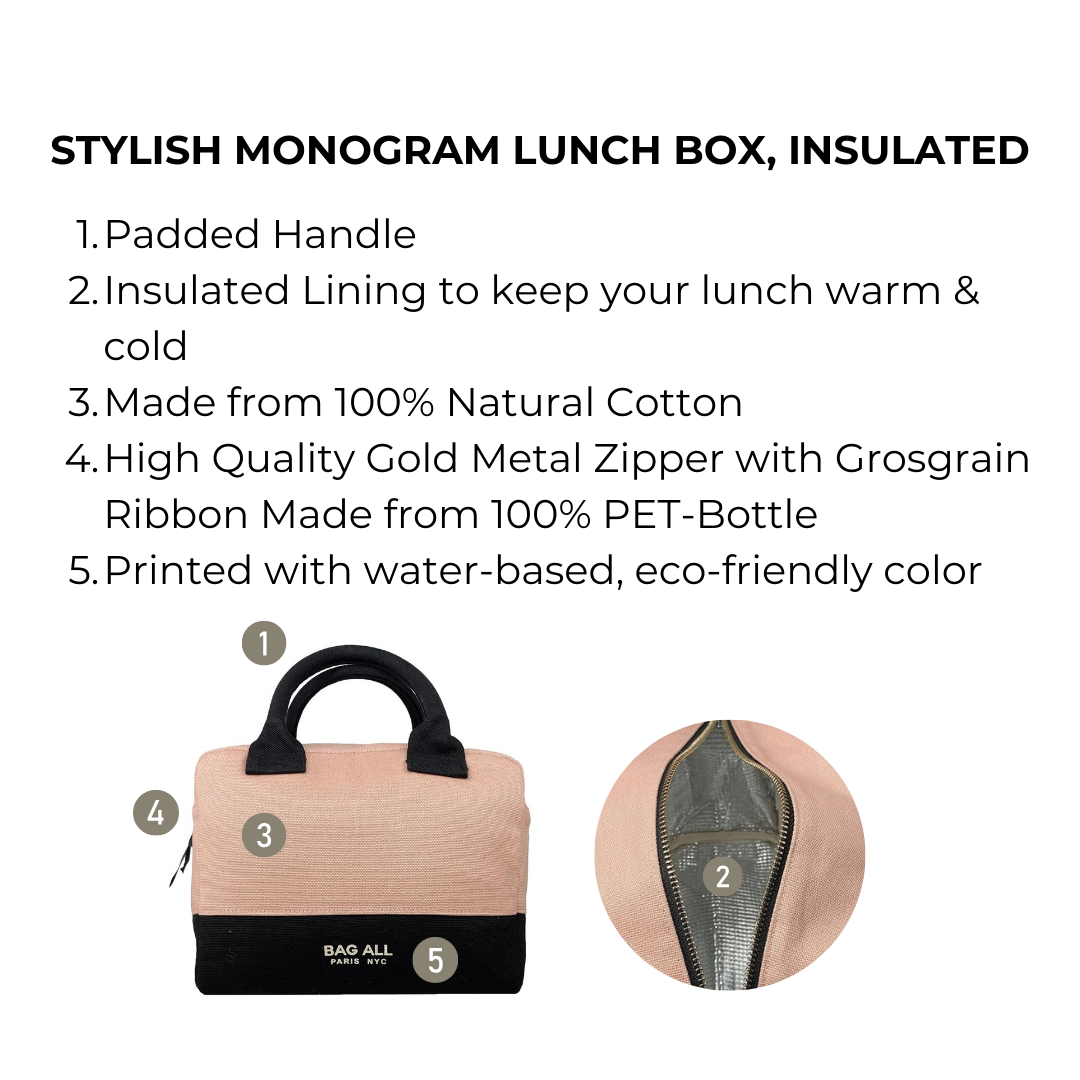 Bag-all Stylish Monogram Lunch Box in pink/blush with padded handles, insulated lining, eco-friendly cotton construction, and premium gold zipper for temperature-controlled meal storage