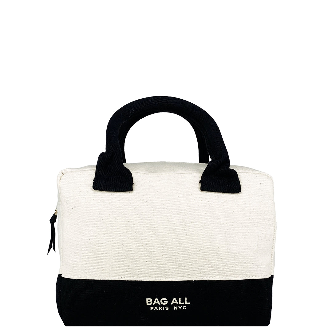 Bag-all Stylish Monogram Lunch Box in cream and black with insulated interior, padded handles, perfect for personalized meals and professional dining on the go