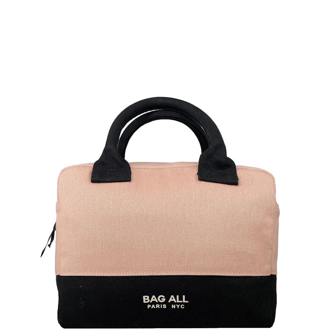 Bag-all Stylish Monogram Lunch Box in pink/blush with black trim, featuring insulated design, padded handles and brand logo, perfect for professional meal storage