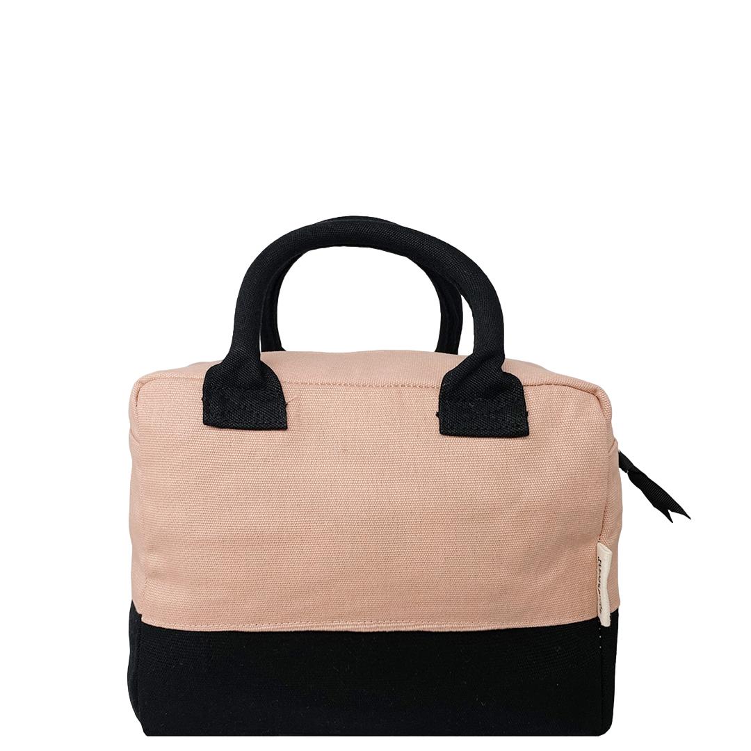Bag-all Stylish Monogram Lunch Box in pink and black canvas with insulated lining, padded handles, and modern color-block design for professional meal storage